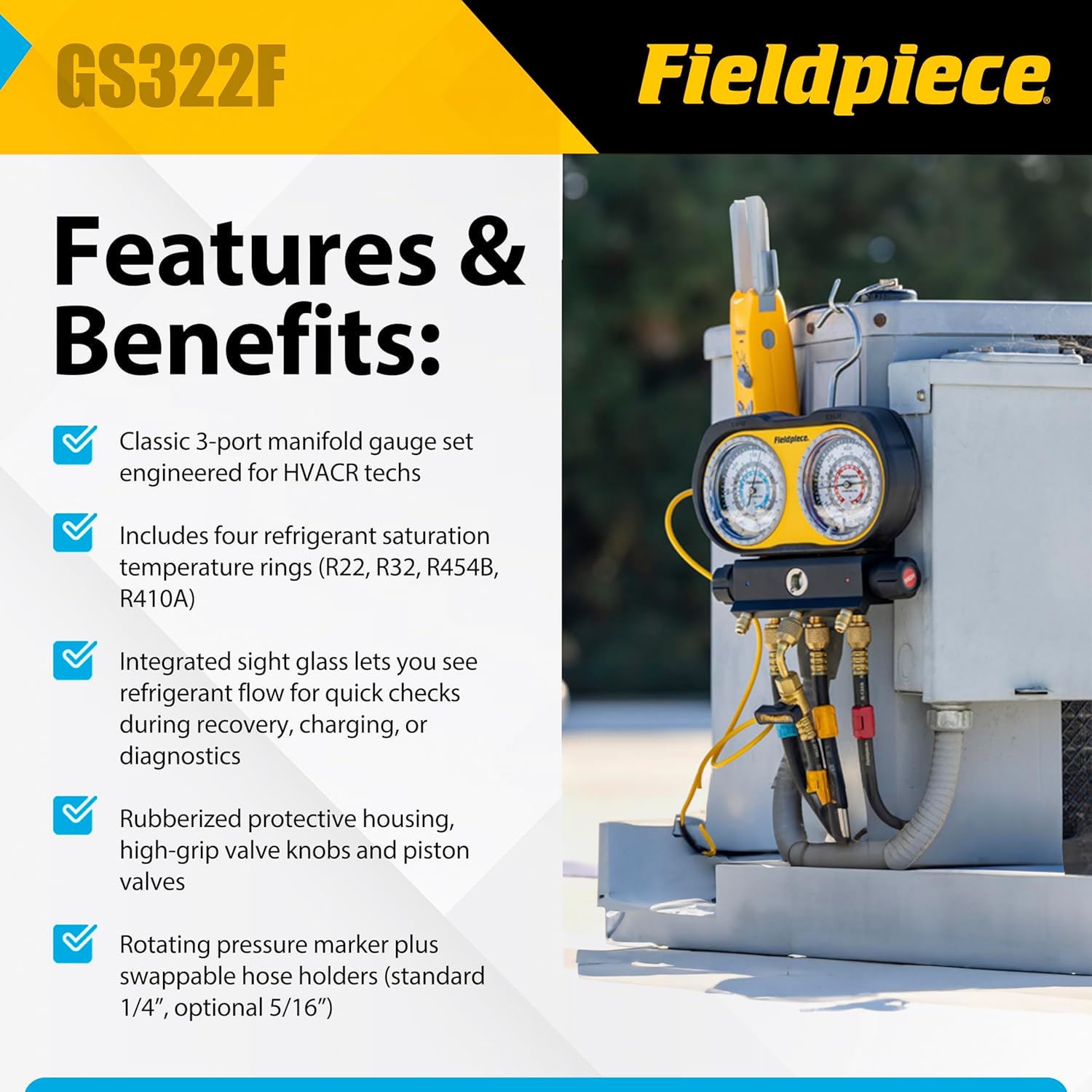 Fieldpiece GS322F 3-Port Analog Gauge Set – HVACR Refrigerant Manifold with Sight Glass, Swappable Hose Holders & High-Grip Knobs – Reliable Field Diagnostics