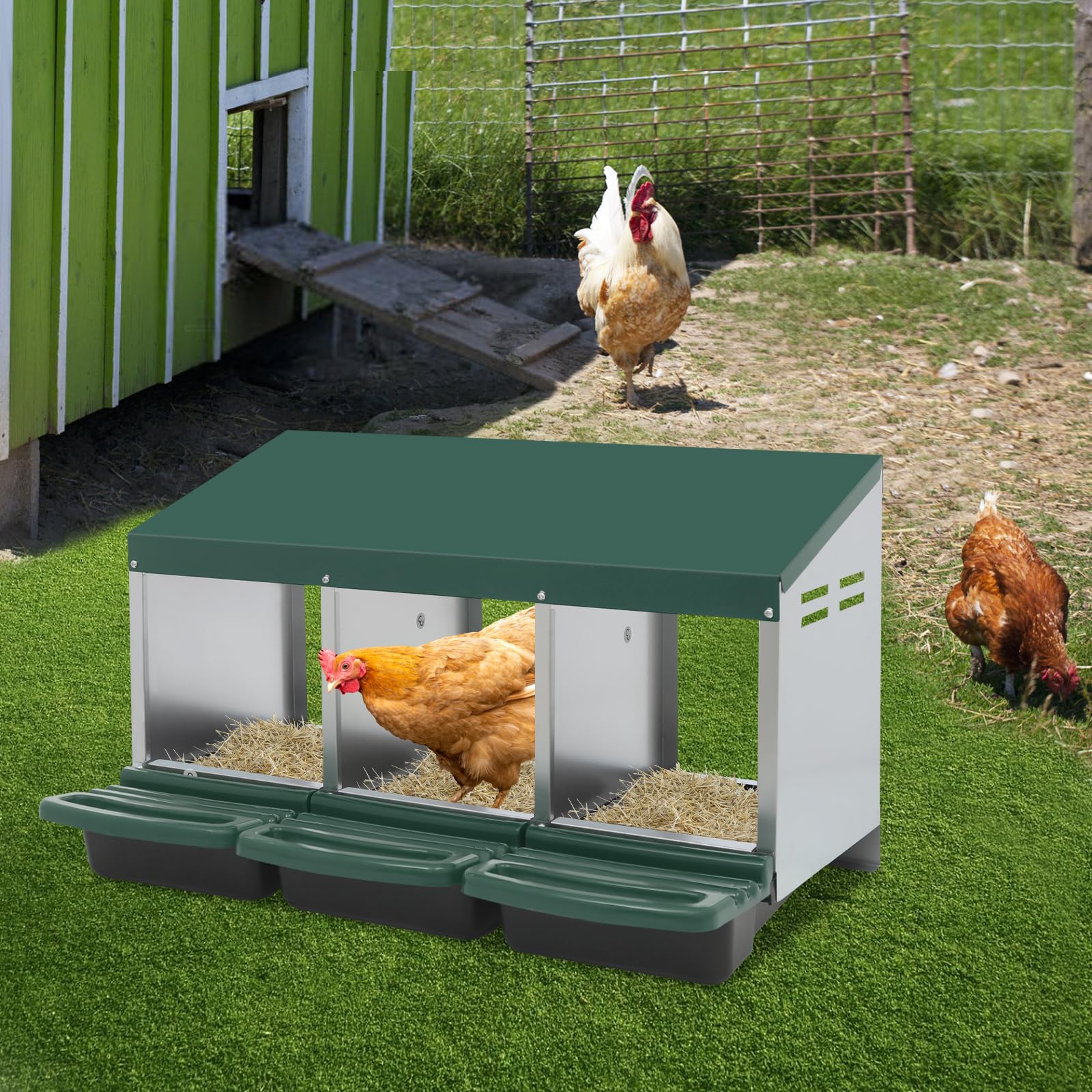 Nido per polli, 3 scomparti, con nido rotolabile per uova, zincato, con protezione per raccogliere le uova, montaggio a parete, 3 posti per stalla, con ventilazione (81 x 52 x 48 cm) (verde)