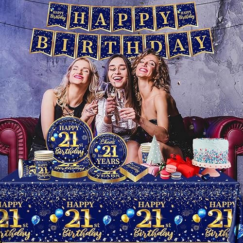 Miniatura 40 de Decoración de cumpleaños número 50 para hombre, juego de vajilla de cumpleaños azul marino y dorado (reserva para 20), incluye platos de feliz