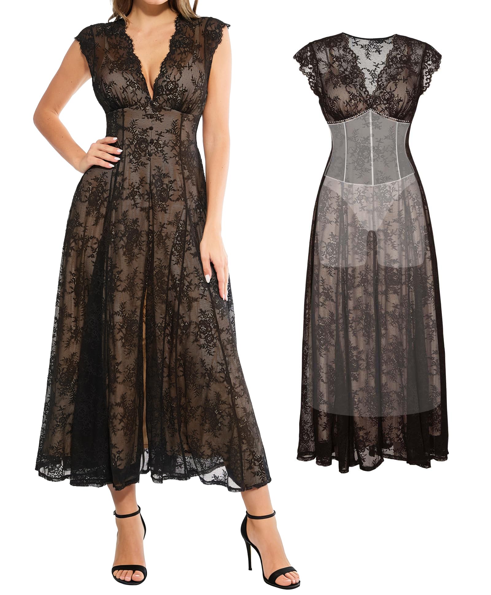 Photo 1 of Popilush Mother of The Bride Dresses for Women Formal Cocktail Lace Sleeveless V Neck Maxi Shapewear Split Wedding Guest Dress Skin Black