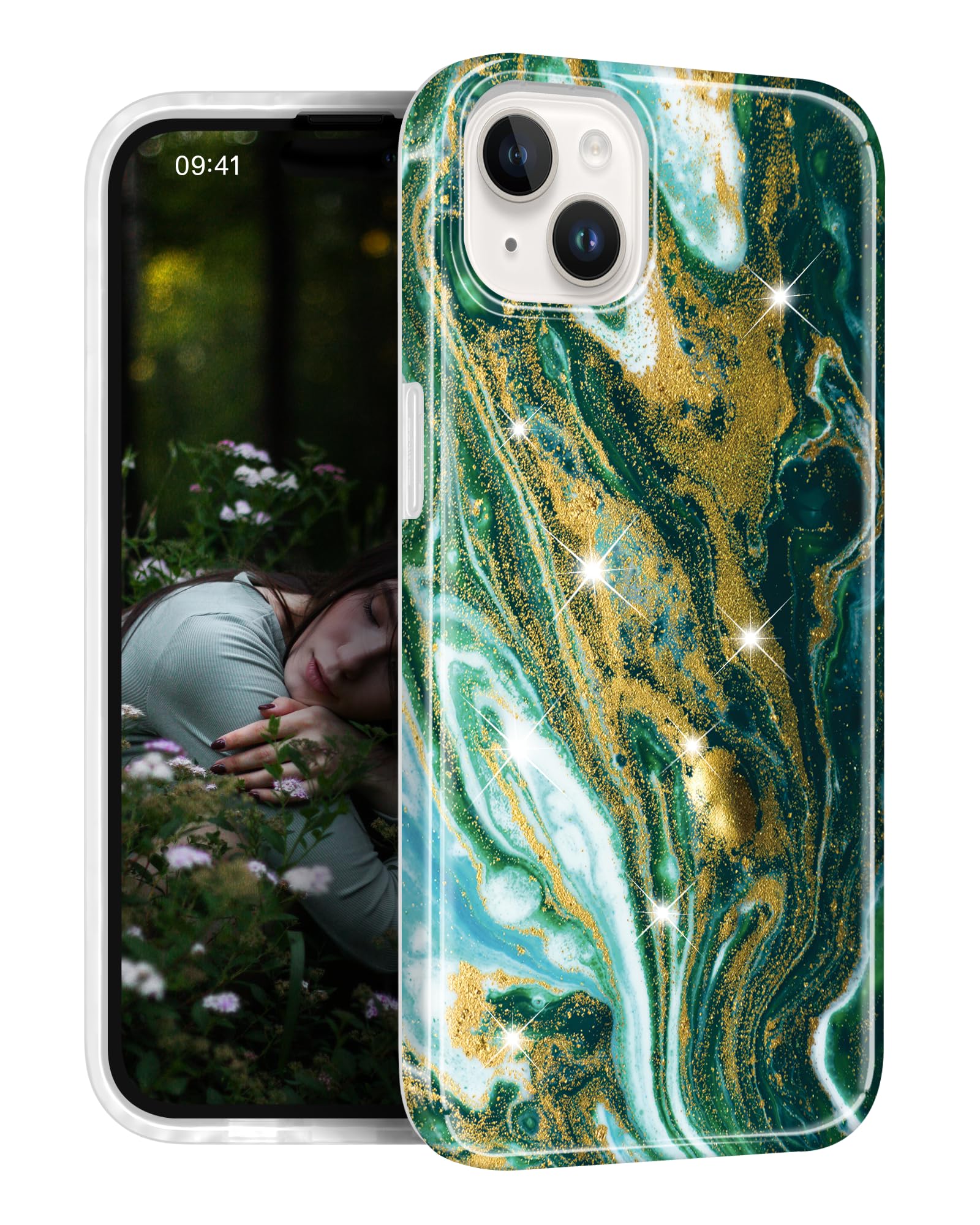 JAHOLAN Designed Case for iPhone 15 Gold Sparkle Glitter Marble Protective Shockproof Slim Drop Protection Soft Cover Phone Case for Girls Women Dark