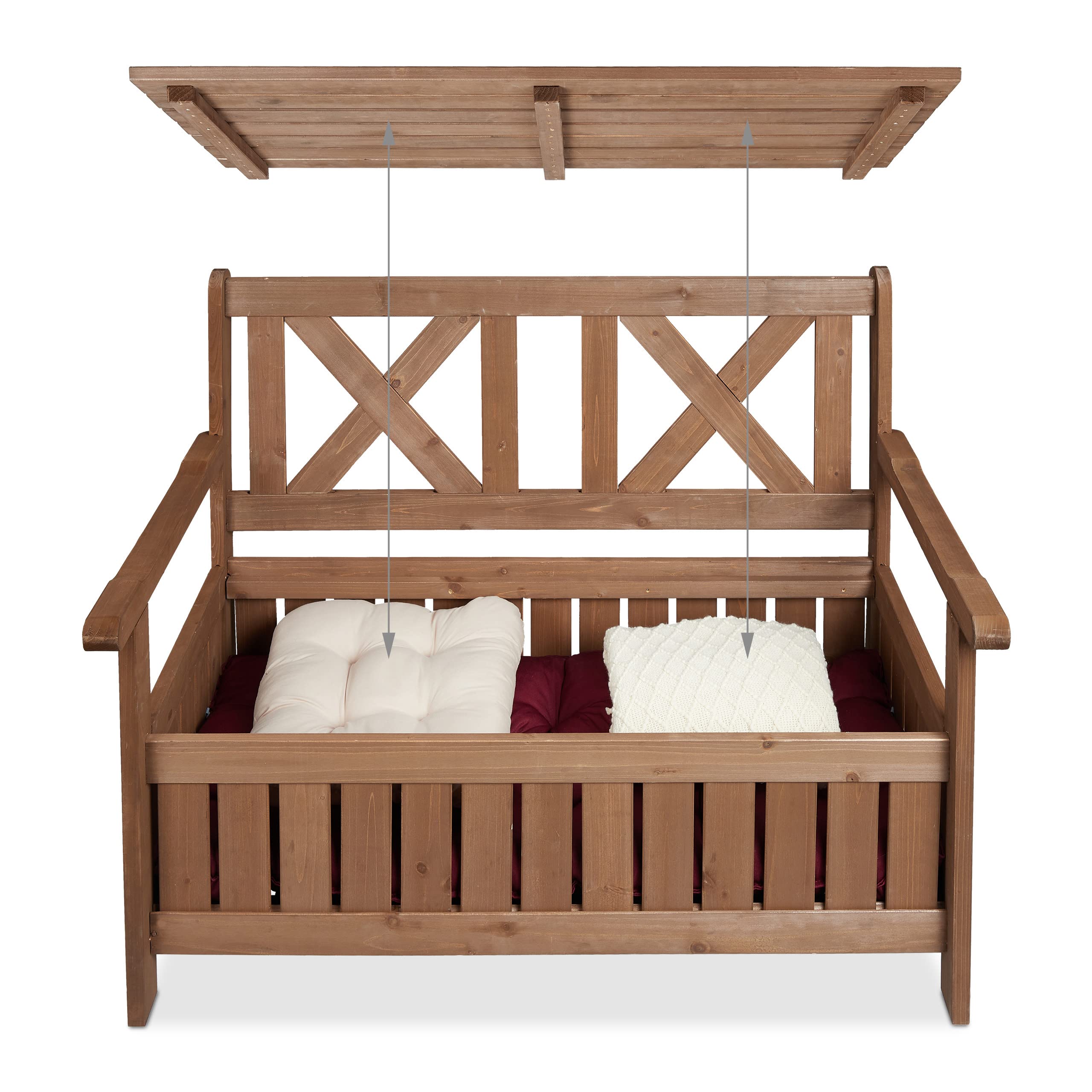 Relaxdays Banco Jardín con Baúl, 2 Plazas, Madera Abeto, 85 x 115 x 60 cm, Asiento Exterior con Respaldo, Marrón Oscuro