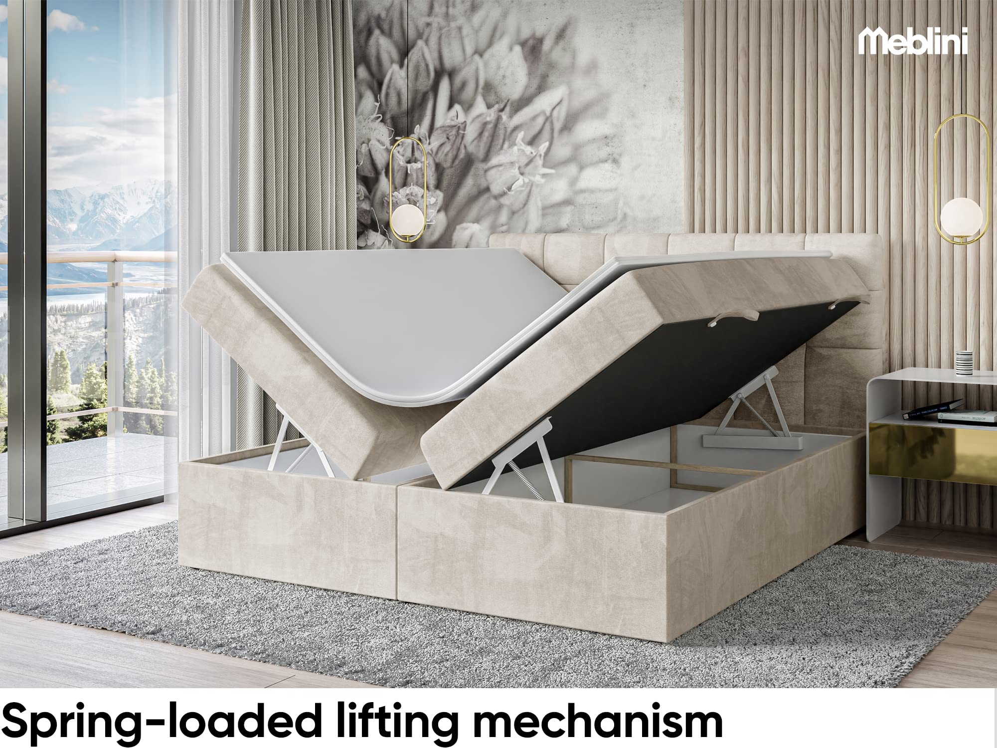 MEBLINI Boxspringbett mit Bettkasten - Gepolstert Doppelbett mit Matratze und Topper - Polsterbett mit Stauraum - Bett mit Kopfteil - Stauraumbett - TAPO 2-120x200 - H3/Creme Samt