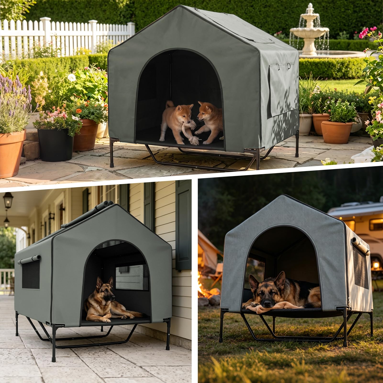 XIAPIA Hundeliege Outdoor mit Dach, 100x100cm Erhöhtes Hundebett für Große Hunde, Wasserdichtes Hundehaus mit UV-Schutz 50+ & Rollos, Kratzfestes Outdoor Hundezelt für Garten & Camping
