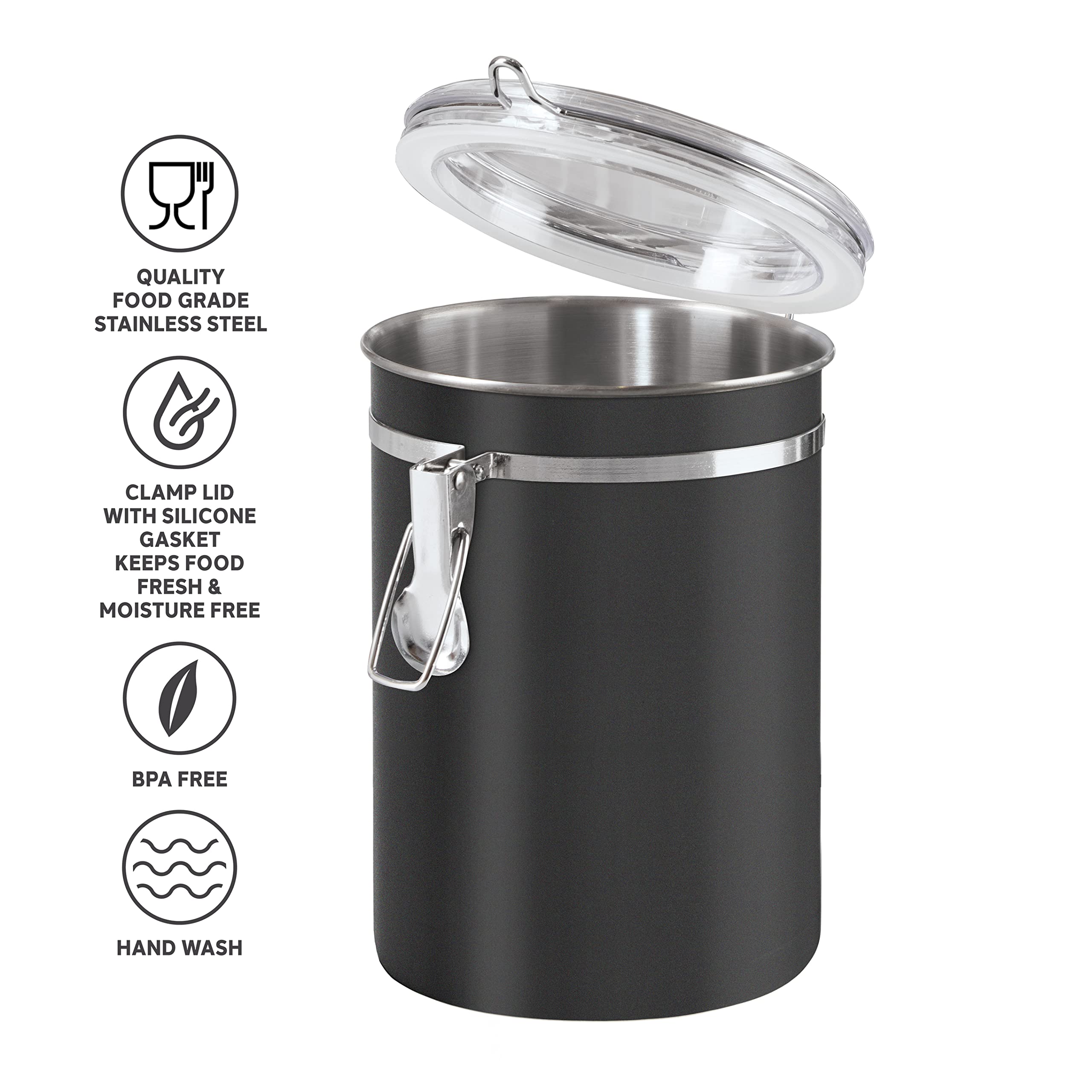 Oggi Recipiente de acero inoxidable con tapa de acrílico transparente y abrazadera de bloqueo para almacenamiento de alimentos, 50 onzas, negro