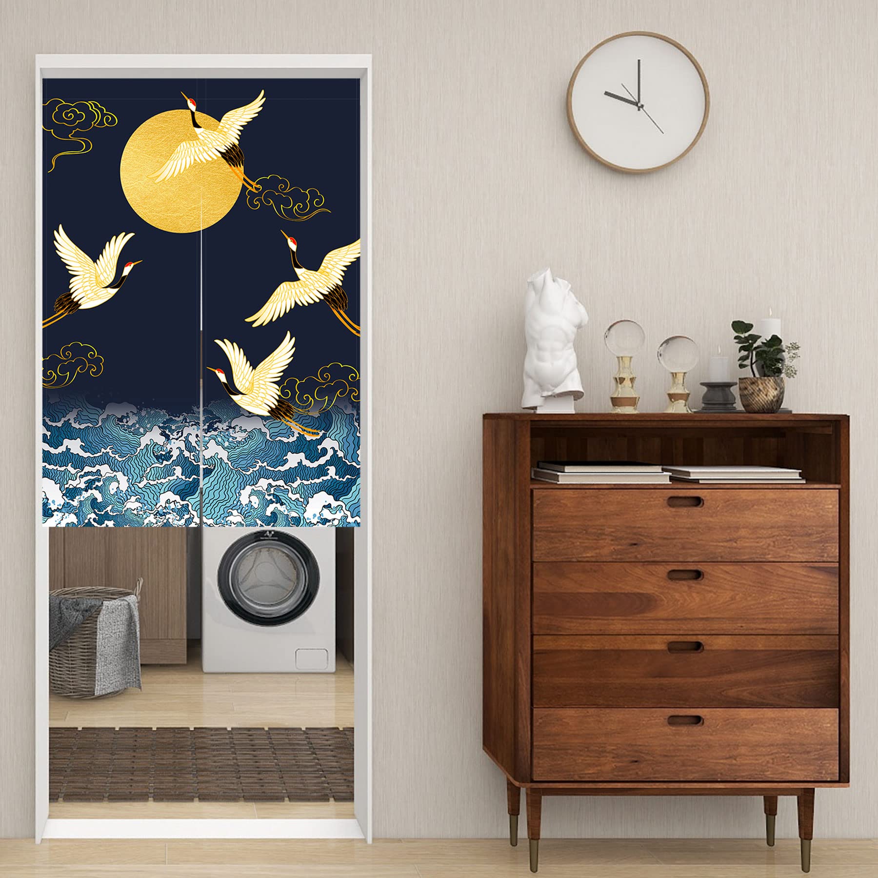 LIGICKY Noren Doorway Curtain Japanese Style Thickened Cranes Waves Gold Full Moon Printed Cotton Linen Window Treatment Door Tapestry for Home Decoration 85 x 120 cm - Image 3