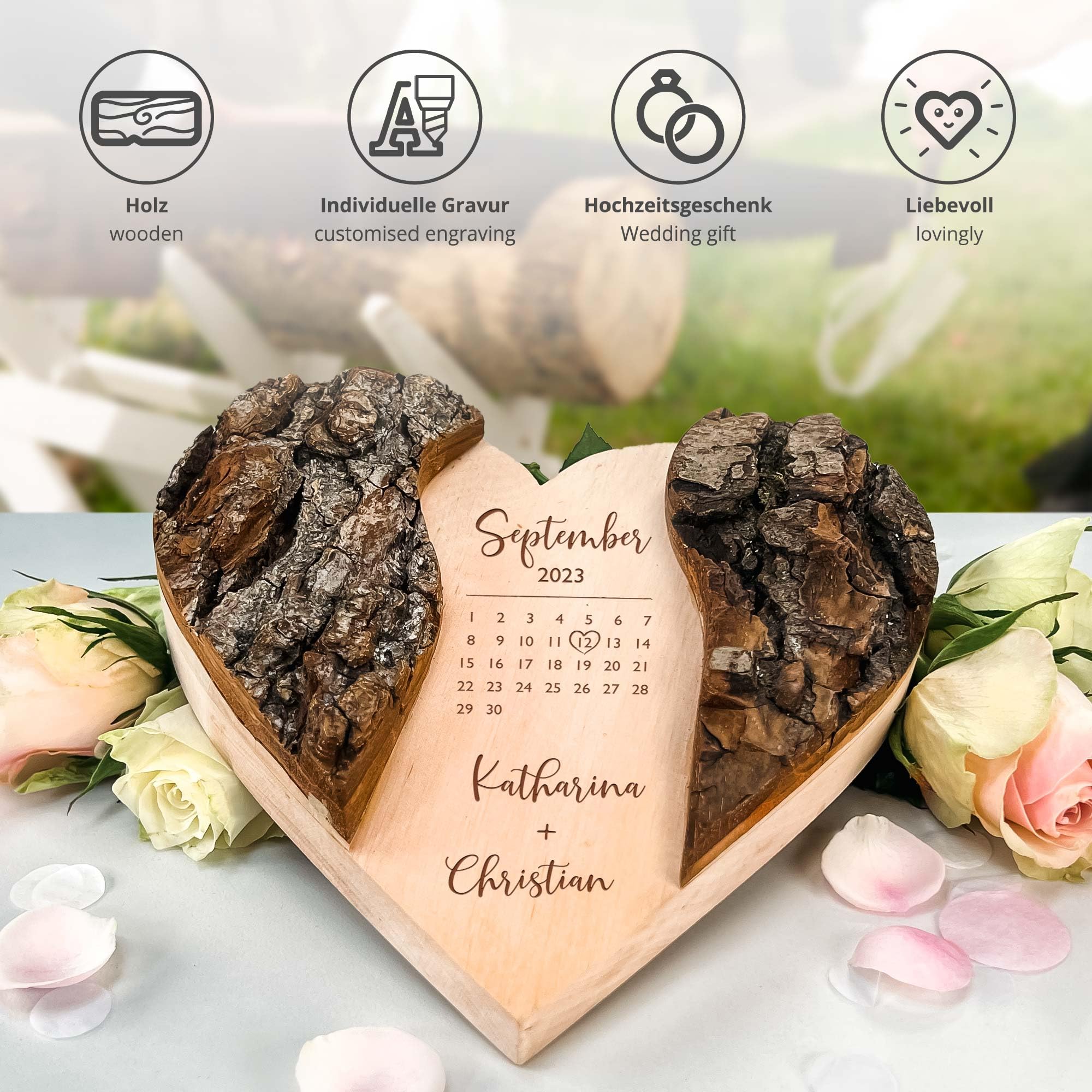 Holzherz mit Gravur, Hochzeitsgeschenk mit Kalender Motiv, Personalisierte Hochzeitstag Deko, Geschenke zur Hochzeit, Holz Herz mit Rinde, Hochzeitsherz, Ringkissen aus Holz, Geschenk zum Hochzeitstag