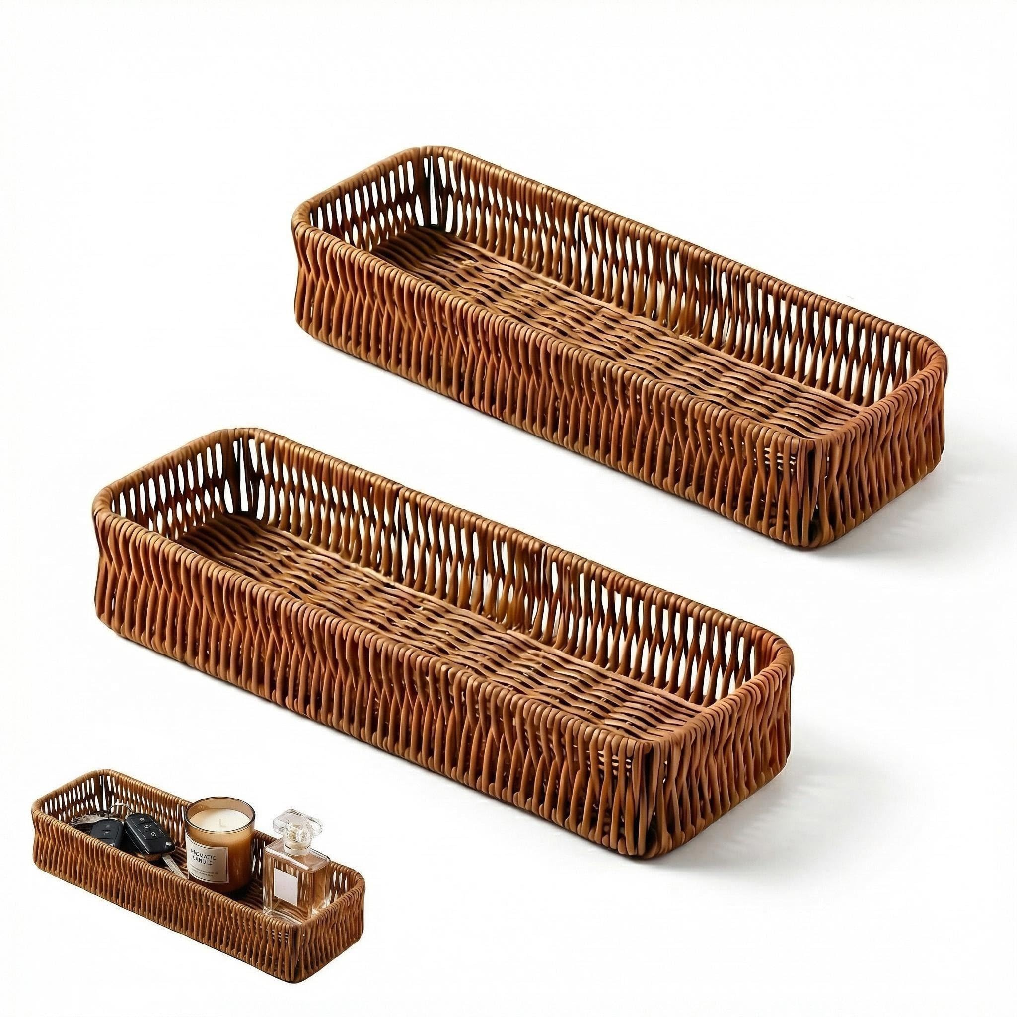 2PCS Rattan Tray Decorative Key Bowl for Hallways and Entryways Key Tray Entryway Decorative Basket Organiser for Keys, Perfume, Candles, Coffee Table Decor Bathroom Countertop Storage (Rectangle)