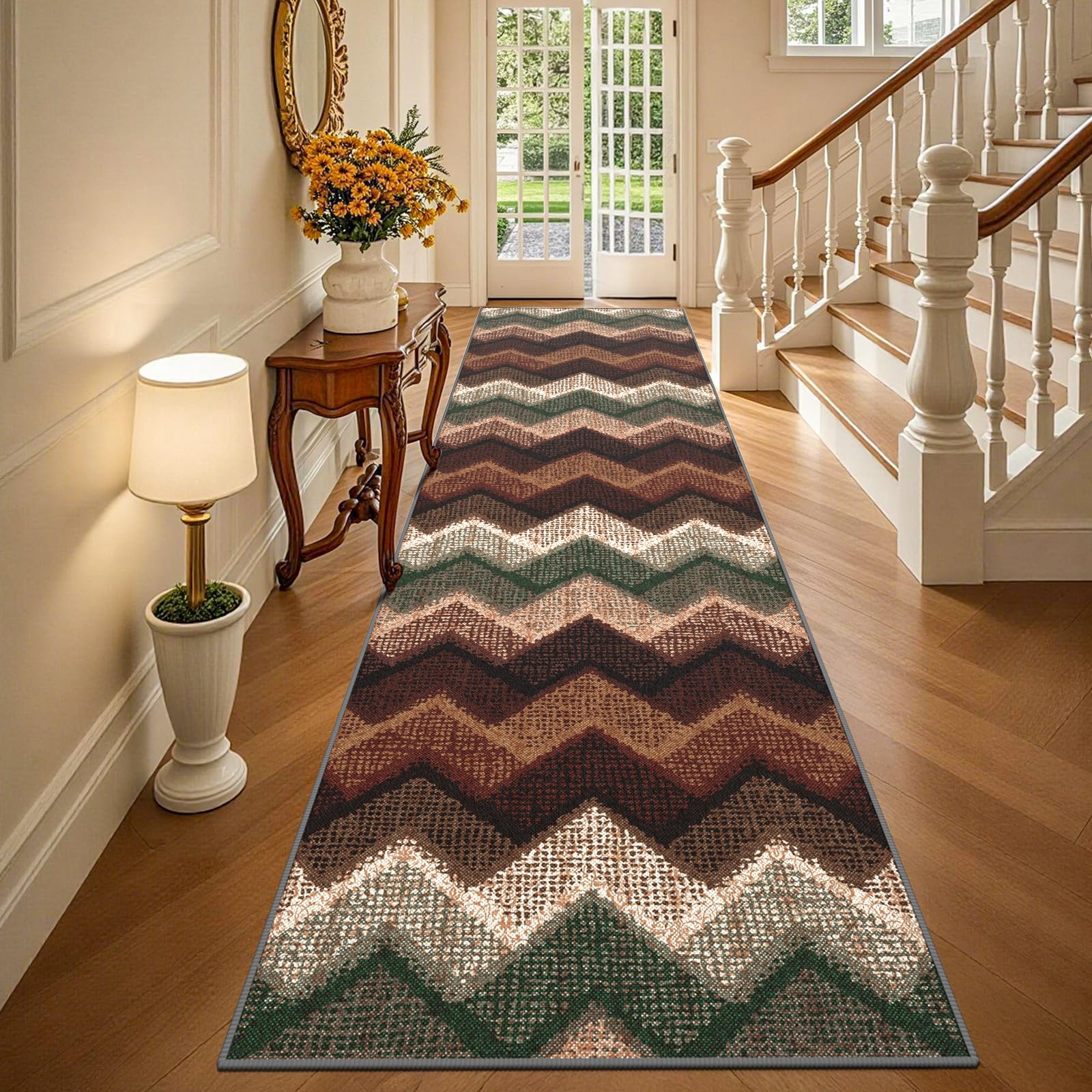 TUKDAK Boho Runner Rugs for Hallway Non Slip 80x300cm, Geometric Washable Kitchen Carpet Runner, Bohemian Long Hall Rug for Entryway Bedroom Laundry Living Room, Low Pile Non Shedding, Brown Green — image 1