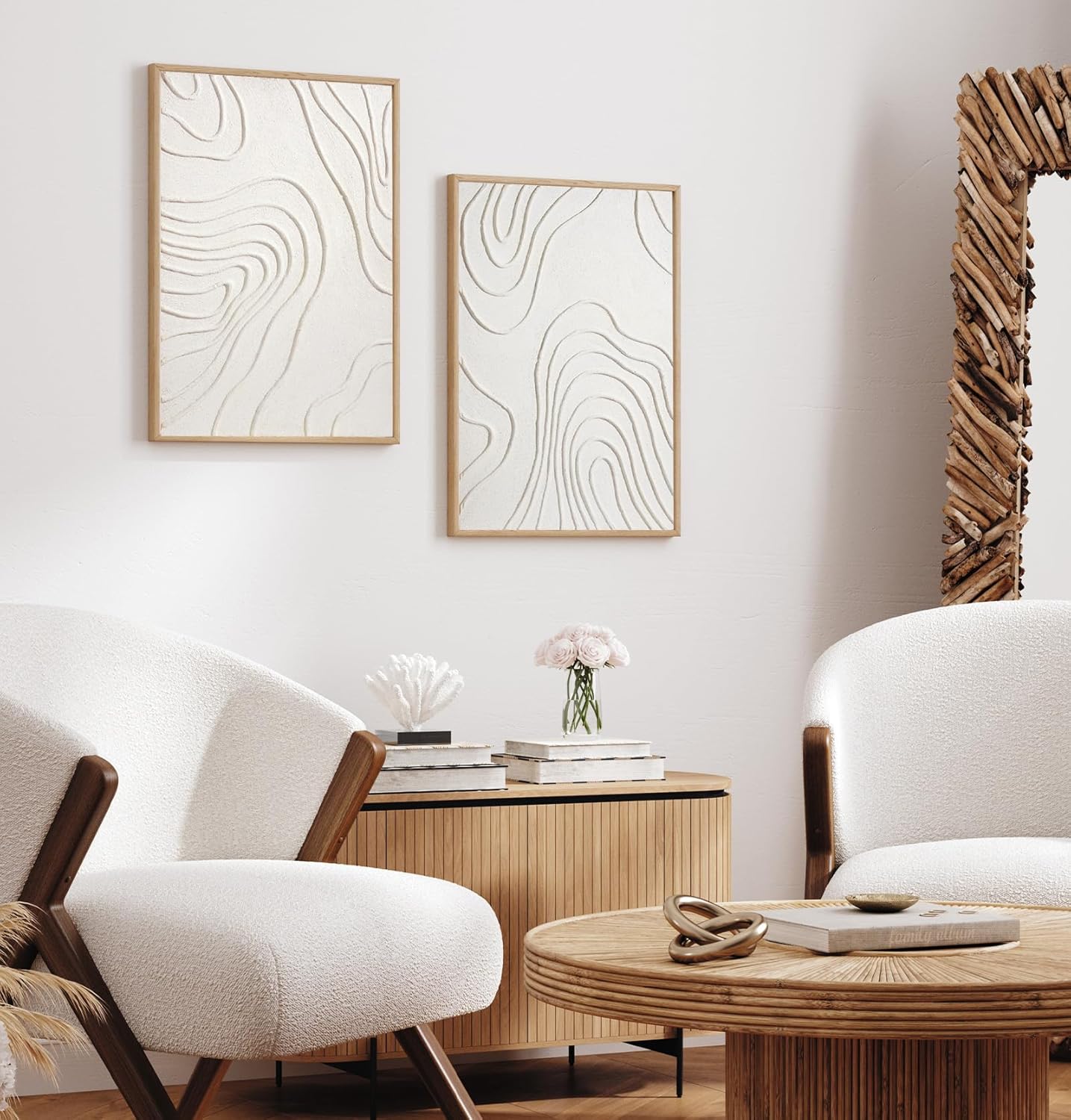 insimsea framed 3d textured wall art, handmade, minimalist abstract wall decor for living room, 2 piece modern white neutral artwork, 16x24 in, large wave line paintings for office hallway(calm) wave(calm) 24l" x 16w" x 2pcs