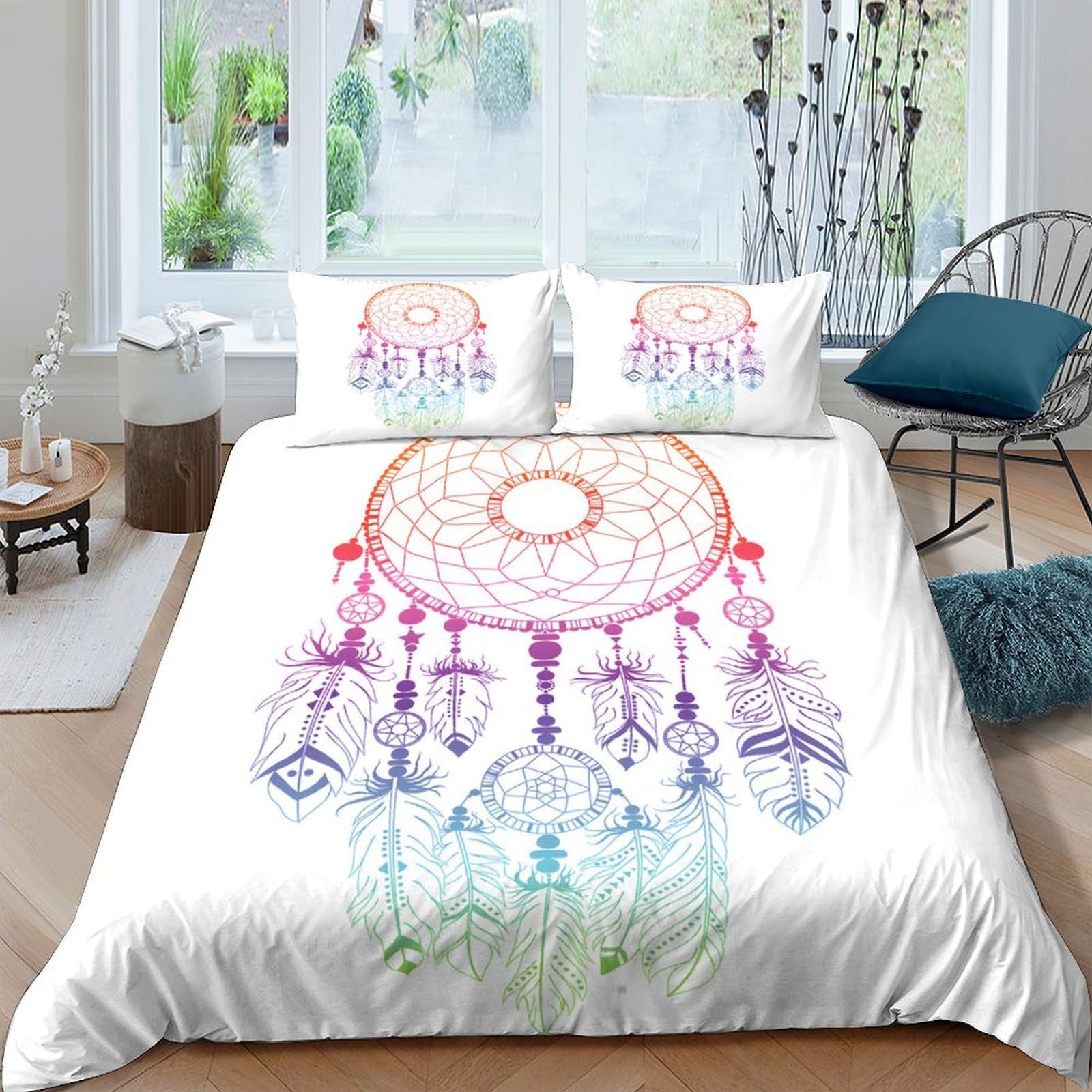 Ctjqhvkz Style-7 3D Printed Dreamcatcher Fitted Sheet Microfiber Soft Boho Rainbow Feathers Mattress Cover For Bedroom Guest Room Dorm Decor Single（135X200cm）