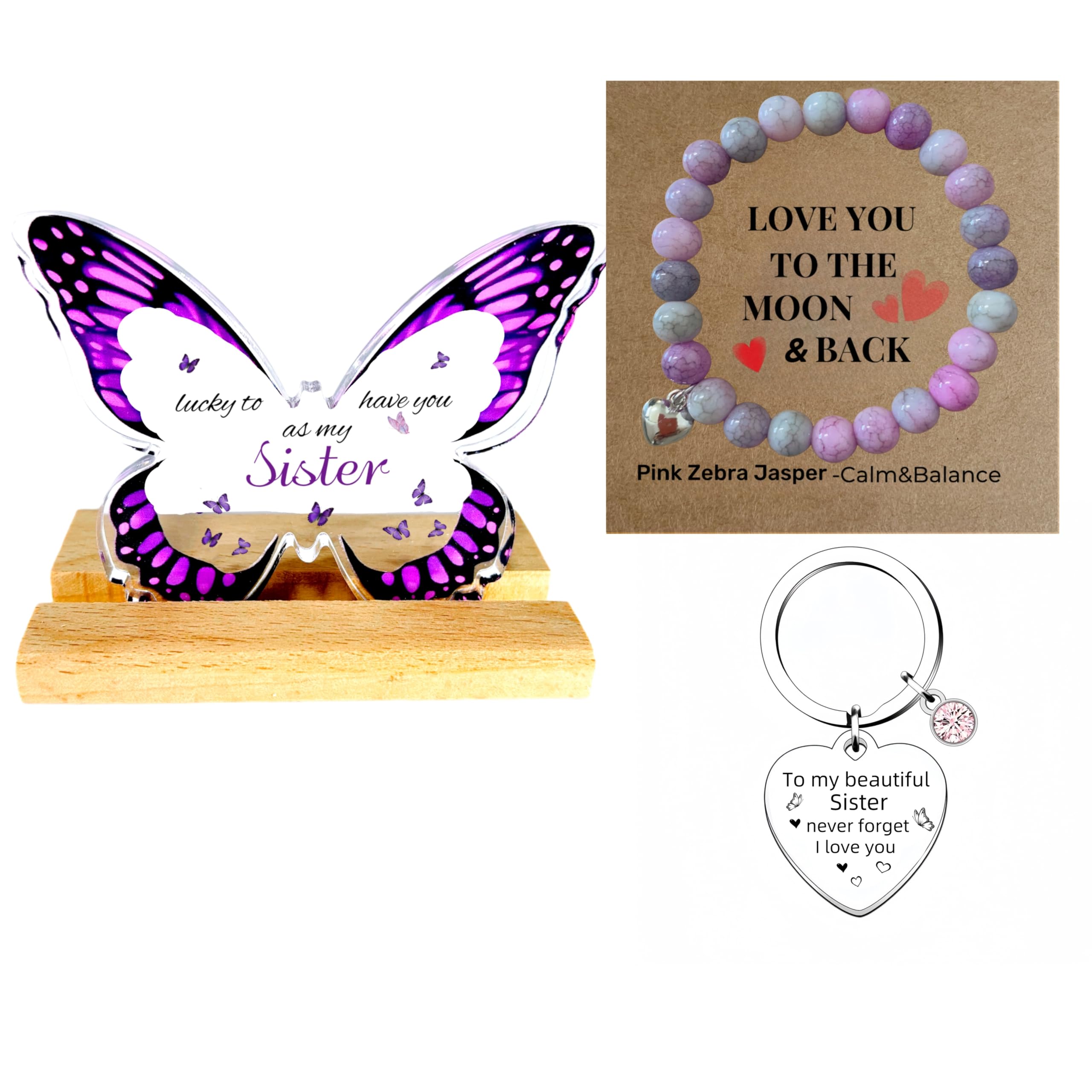Meaningful Sister Gift Set - Heartfelt Sister Birthday Gifts, Love You to the Moon & Back - Acrylic Display and Pink Zebra Jasper Piece Purple