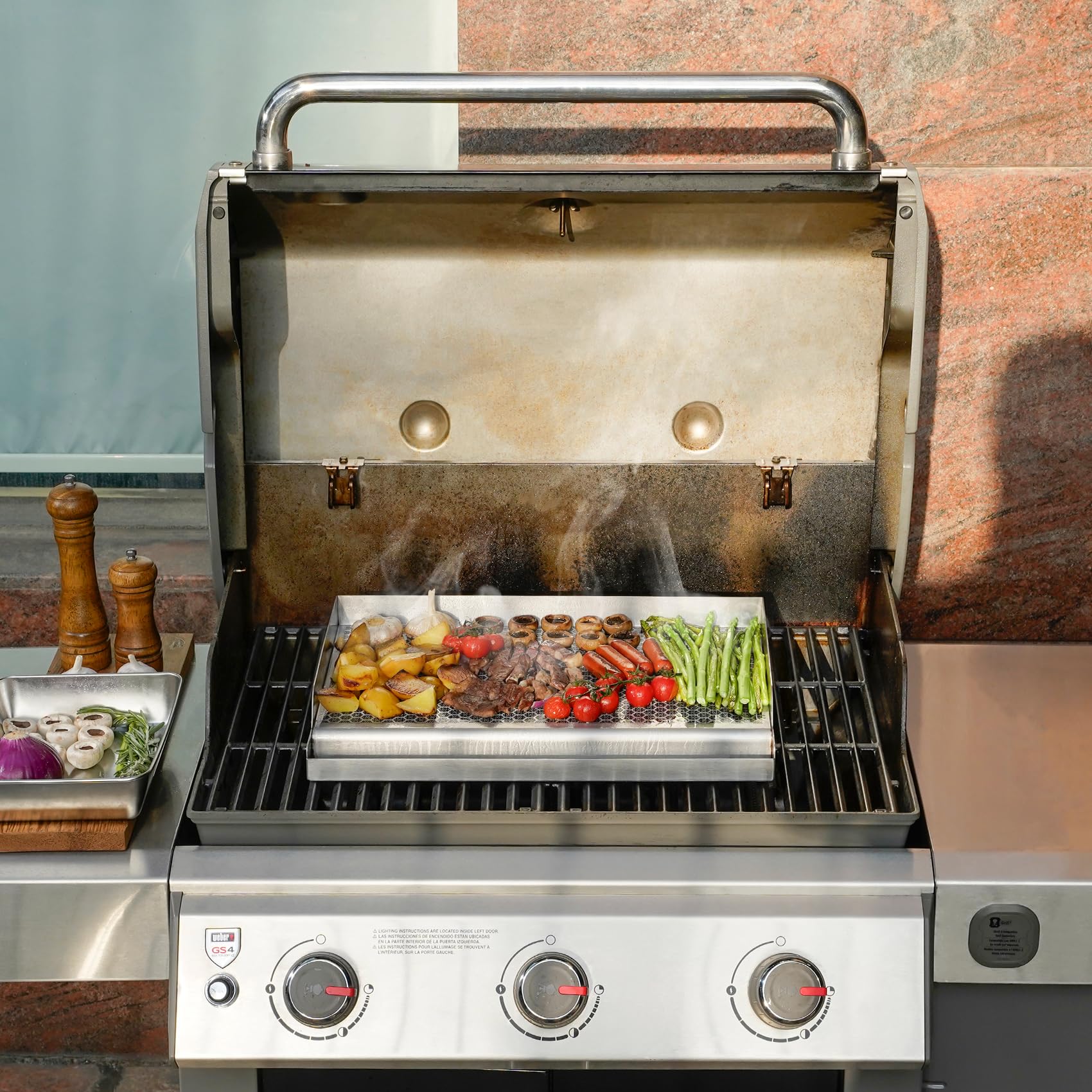 Onlyfire 45 x 32 cm Plancha Barbecue Hybride en Acier Inoxydable, Plaque de Cuisson avec Revêtement Céramique Nid d'Abeille, Antiadhésive et Robuste, pour Barbecue à Gaz, Charbon et Cuisinière