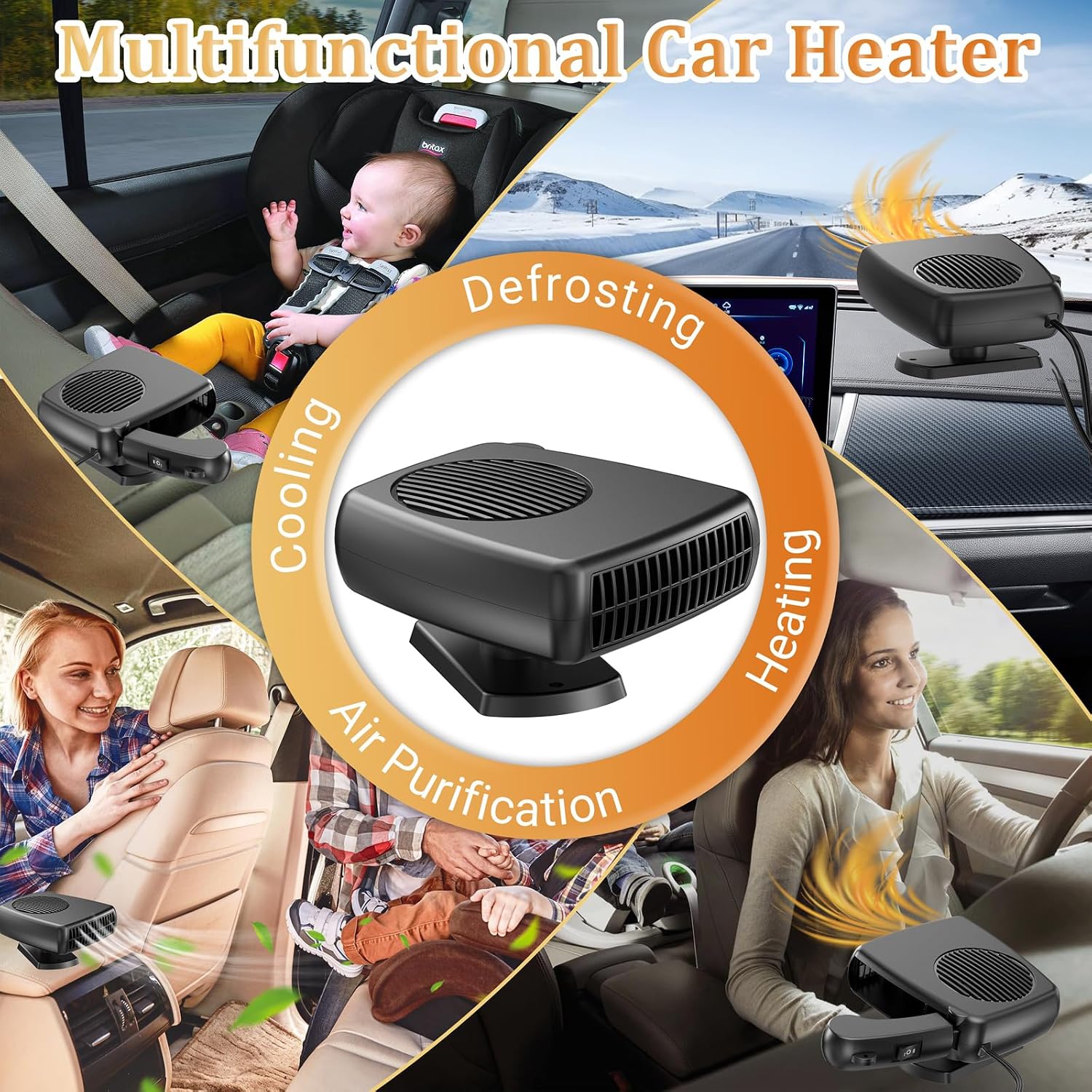 Portable Car Heater, 200W Vehicle Heaters That Plugs Into Cigarette Lighter Windshield Defogger Window Defroster Fast Heating & Cooling 2 in 1 Modes 12 Volt Heater for Car with 360 Degree Rotary Base