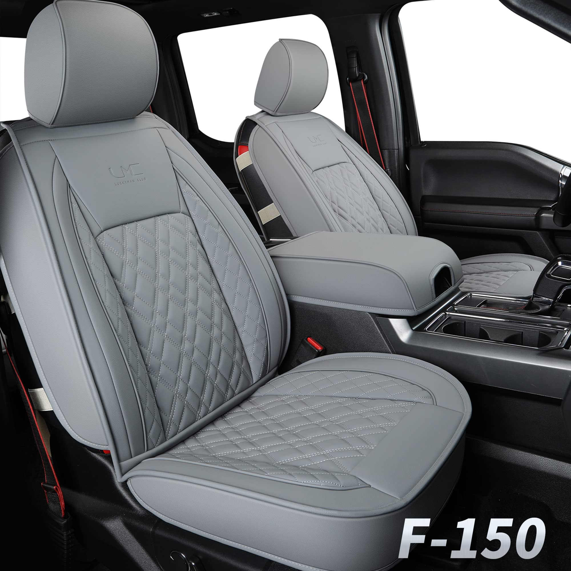 LUCKYMAN CLUB R07-Q5 Seat Covers Full Set, Fit for 2017-2021 Ford Raptor F-150/250/350/450 Crew Cab with Water Proof Faux Leather(Full Set, Gray)