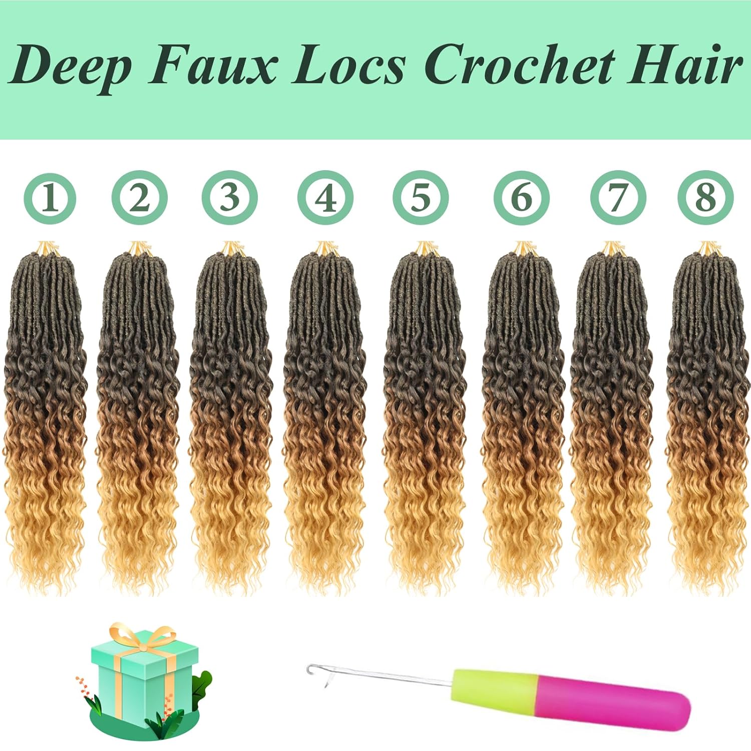 Deep Faux Locs Crochet Hair 30 Inch 8 Packs Goddess Locs Crochet Hair 1B3027 Soft Loc Faux Loc Crochet Braids with Curly Ends Prelooped Deep Wave Croceht Braids for Black Women(Black to Blonde)