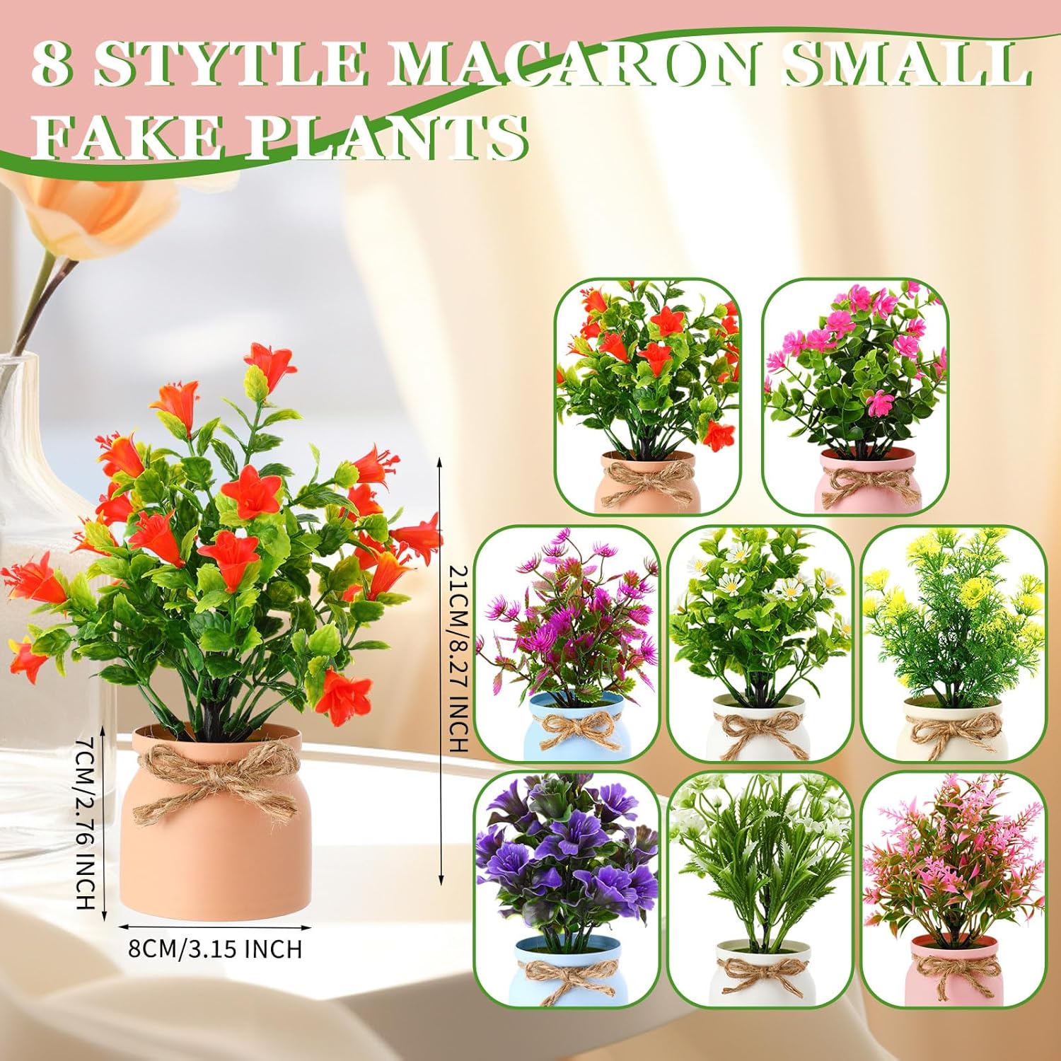 Zeyune Large Spring Artificial Flowers Potted Centerpieces Desktop Fake Floral Plants in Macaron Pot Greenery for Office Table Home Indoor Bathroom Office Wedding Bridal Decor (8 Pcs,Classic)