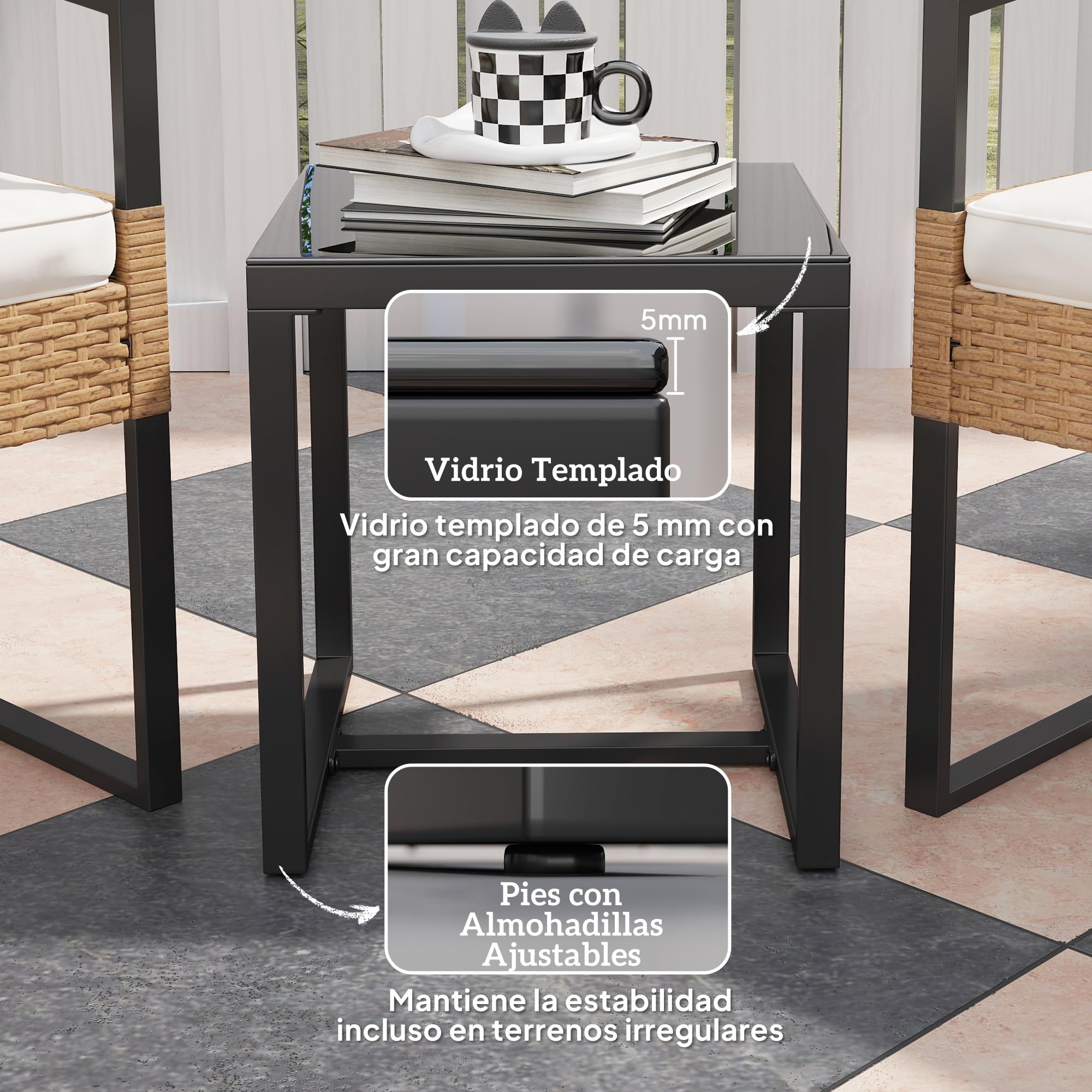 Outsunny Conjunto de Jardín Exterior de 3 Piezas con Respaldo Ajustable Juego de 2 Sillas y Mesa de Ratán con Cojines Acolchados y Encimera de Vidrio Templado para Balcón Terraza Beige y Blanco