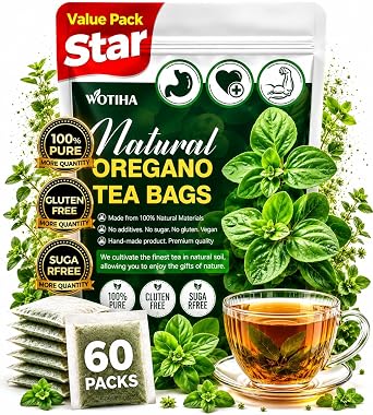 WOTIHA 60 Count Premium Oregano Tea Bags - 100% Natural Oregano Leaves Herbal, Support Digestion, Boost Immunity, Rich in Antioxidants, Caffeine-Free, Non-GMO, Vegan