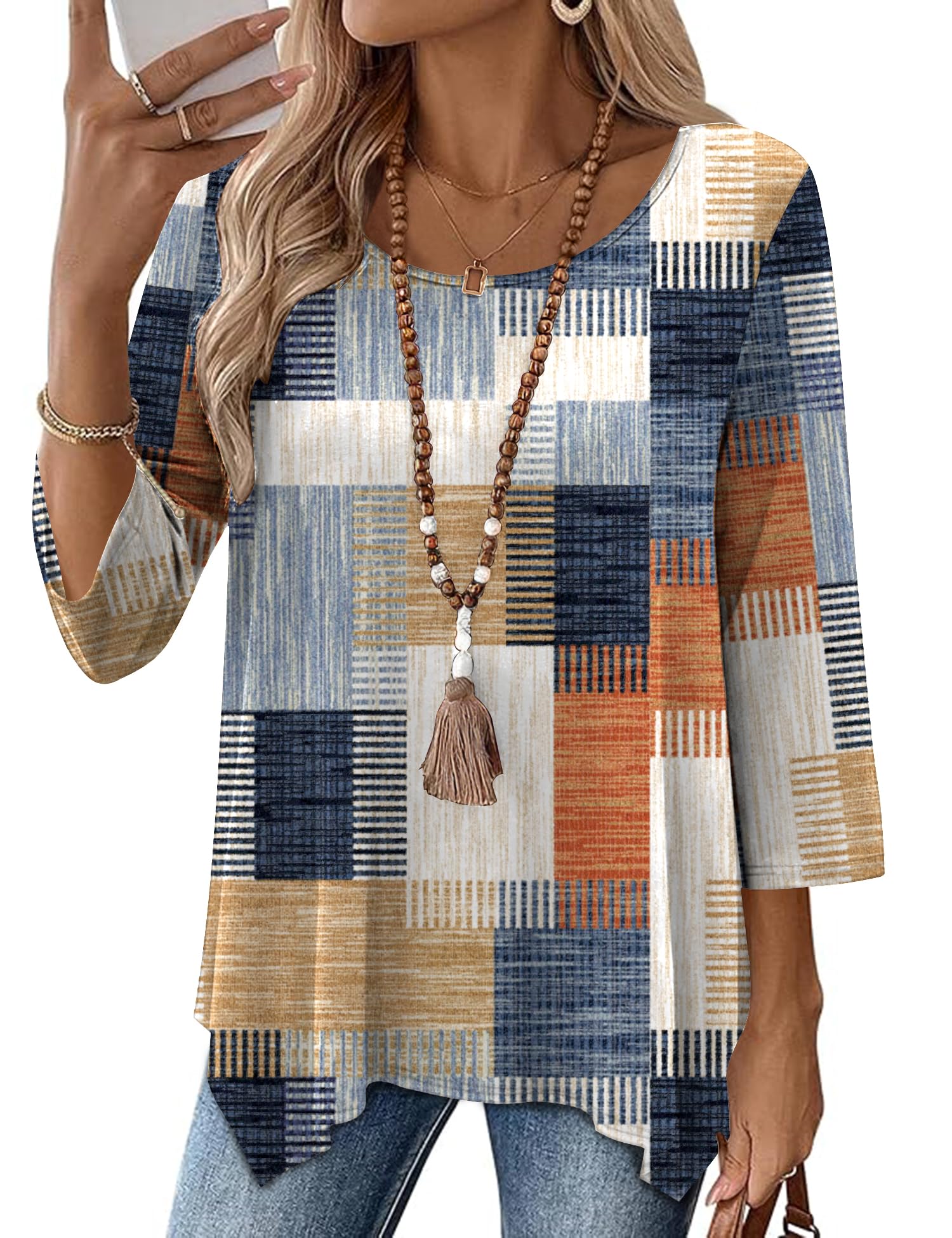 AKEWEI 3/4 Length Sleeve Womens Tunic Tops Loose Fit Blouses Dressy Casual Crew Neck Tees S-2XL Colorful Block XX-Large