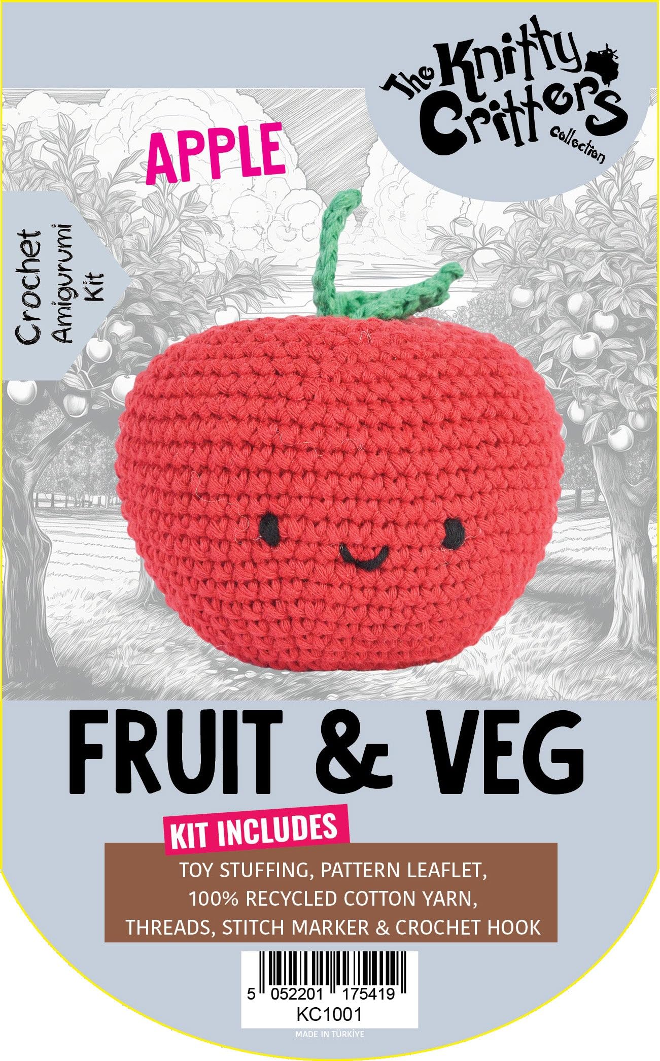 KNITTY CRITTERS – Fruit and Veg Crochet Kit – Apple| Beginner-Friendly Crochet Craft Kit with Recycled Yarn