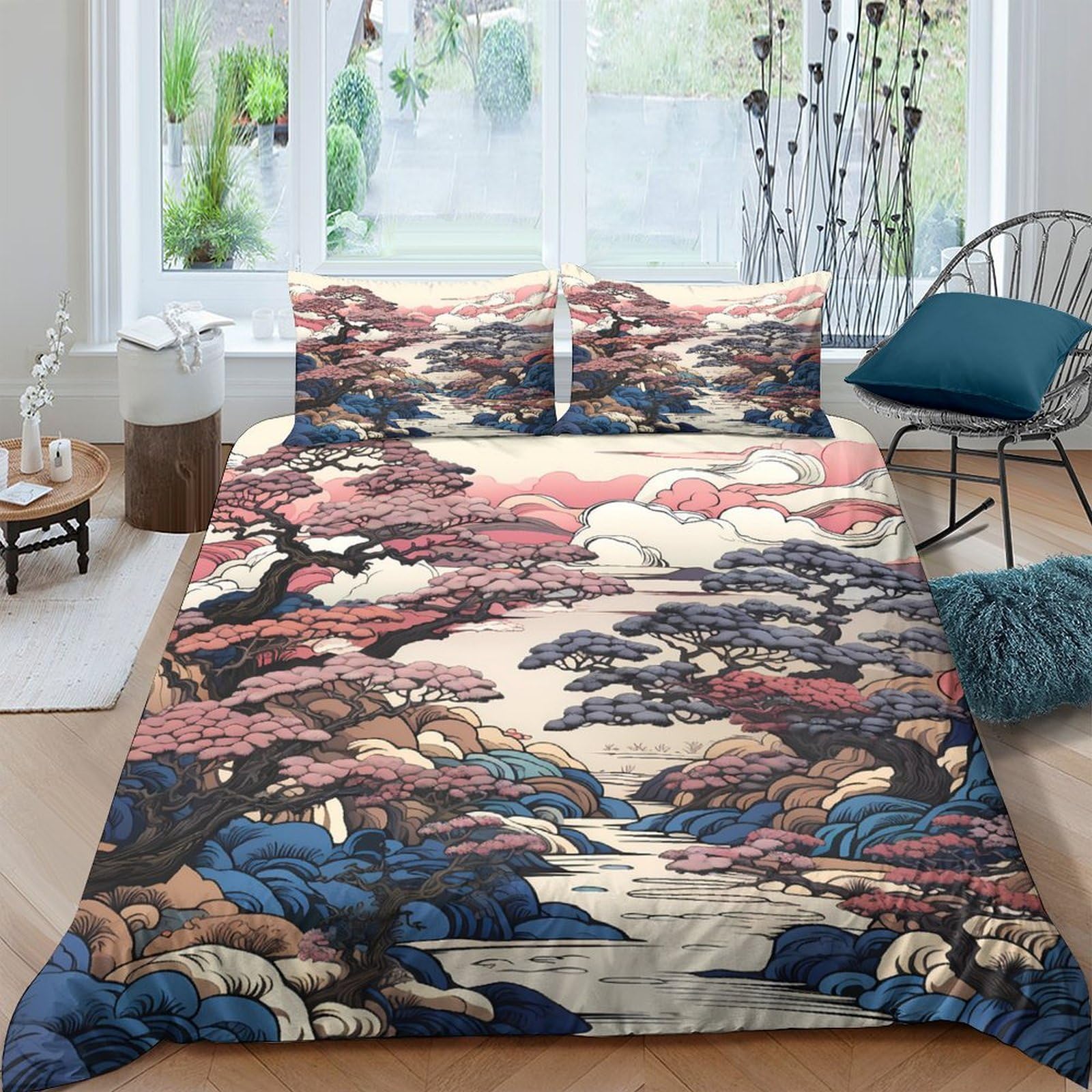 GPLZQXKJNH 3D Printed Japanese Landscape Duvet Cover Microfiber Soft Autumn Mountain Bedding Set with 2 Pillowcases, Breathable for Bedroom Decor Single（135x200cm）