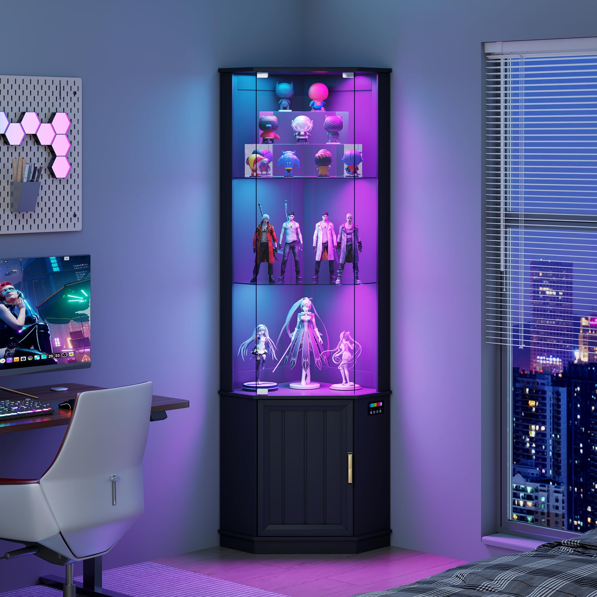 Lvifur Vitrina esquinera con iluminación LED y cajones para Objetos de colección, Vino, Vitrina de Cristal de 3 Niveles con sensores Inteligentes para Sala de Estar, Dormitorio