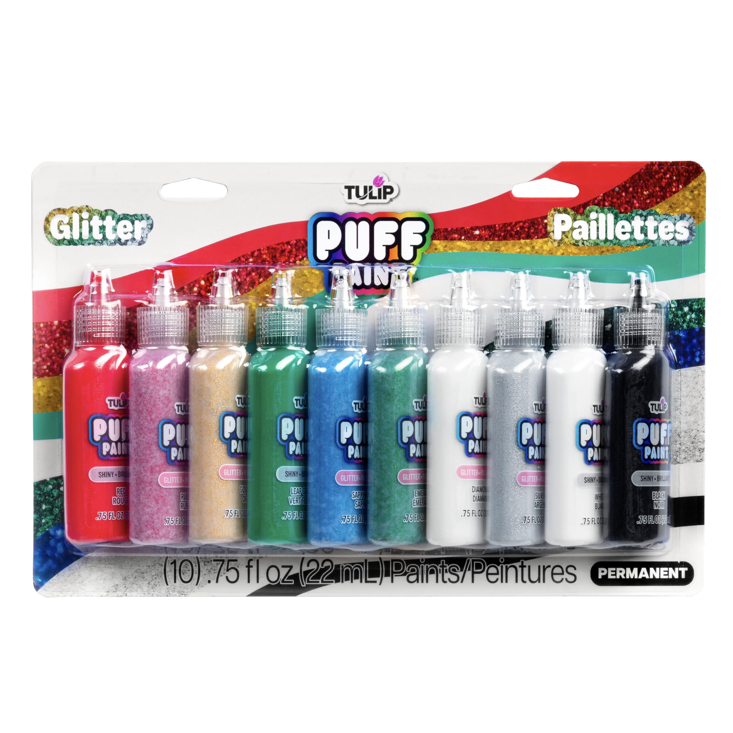Tulip Glitter Puff Paint Pack, Permanent Multi-Surface Craft Paint for Drawing, Marbling, Hand Lettering or Dot Art Techniques, Use on Fabrics, Decor, Rock Painting, Egg Painting, Ornaments, 10 Colors