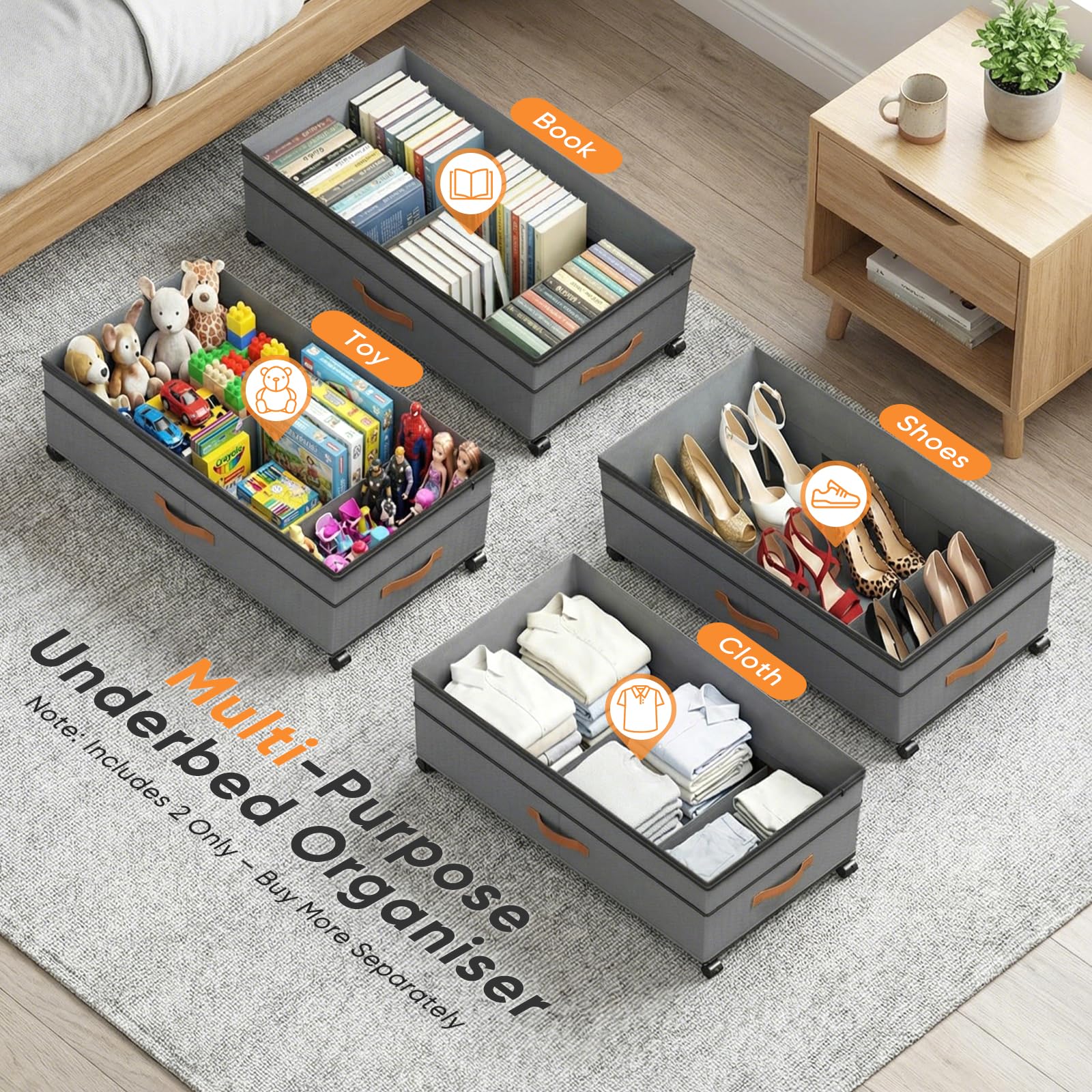 2 unidades de almacenamiento para debajo de la cama de 72 L, con ruedas de rotación de 360° y tapa de PVC, marco de metal, para ropa, zapatos, juguetes y mantas
