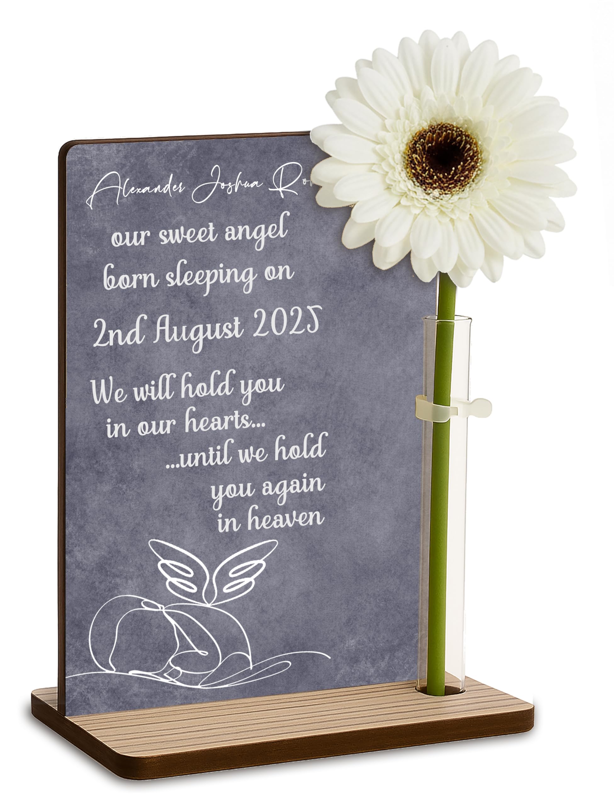 The Plum Penguin Angel Born Sleeping Personalised Baby Loss Memorial Wooden Plaque With Artificial Flower Miscarriage Remembrance Angel Baby Keepsake Ornament Gift (Angel Born Sleeping)