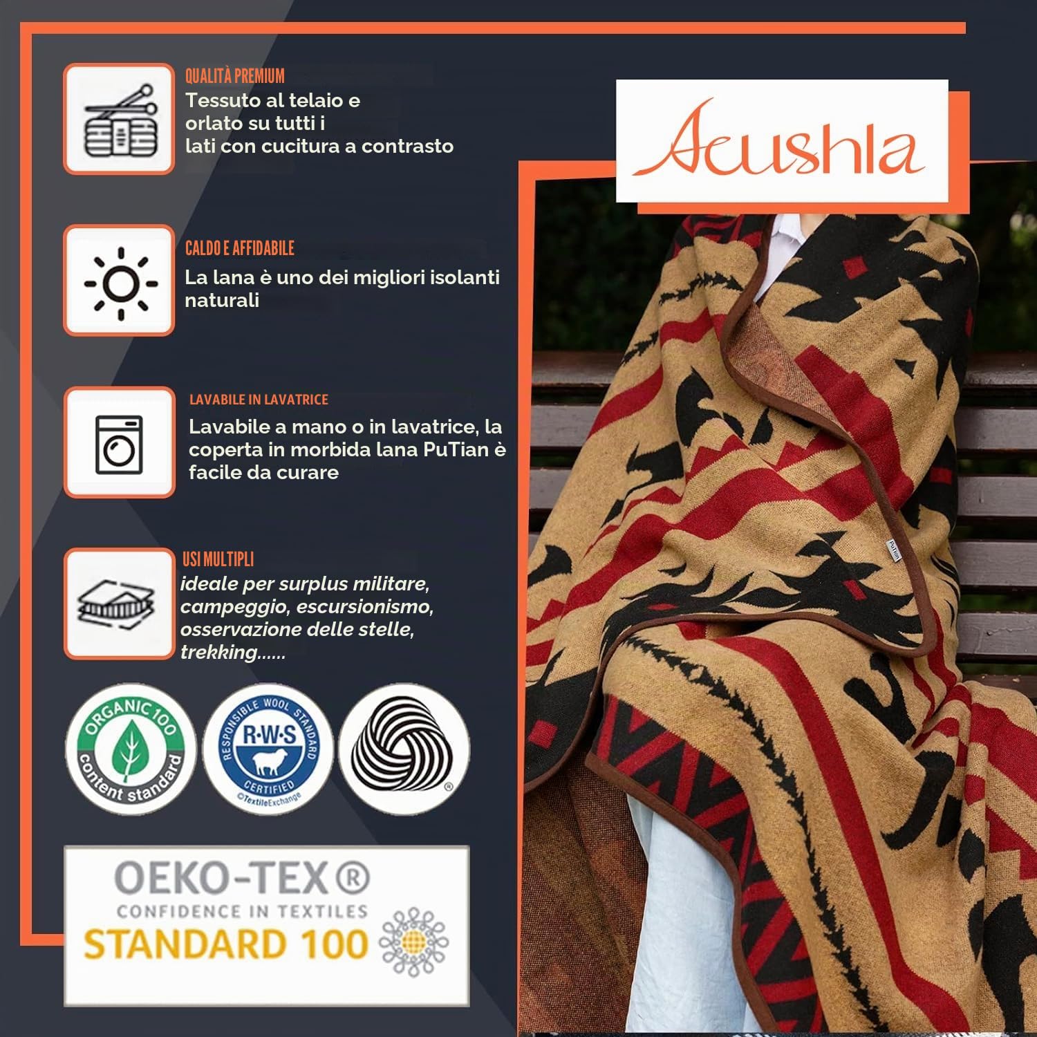 ACUSHLA Coperta in Lana Merino 160 x 220 cm, Morbida e Calda, Ideale per Divano e Letto, Marrone Fiamma