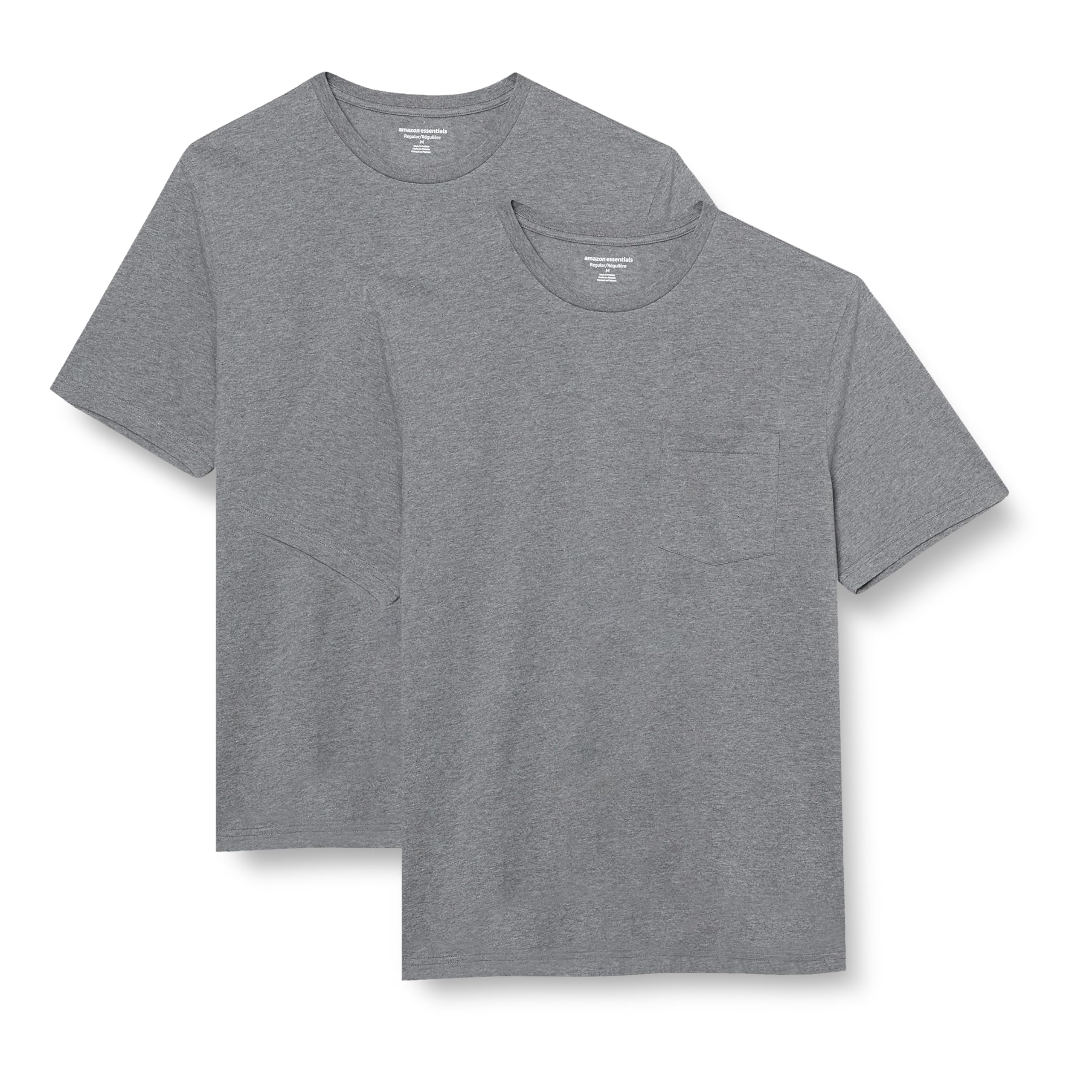Amazon Essentials Herren Kurzärmeliges T-Shirt mit Rundhalsausschnitt und Tasche, 2er-Pack, Grau Meliert, XXL