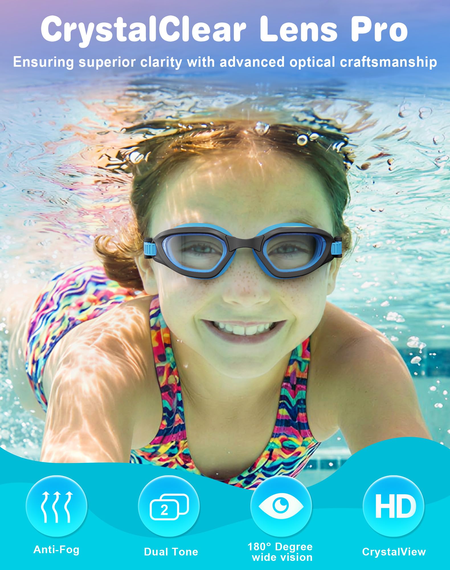 Kinder-Schwimmbrille in zweifarbigen, verstellbaren Nasenpads und weichem Silikon für auslaufsichere (6–14), klare Sicht, Anti-Beschlag und UV-Schutz