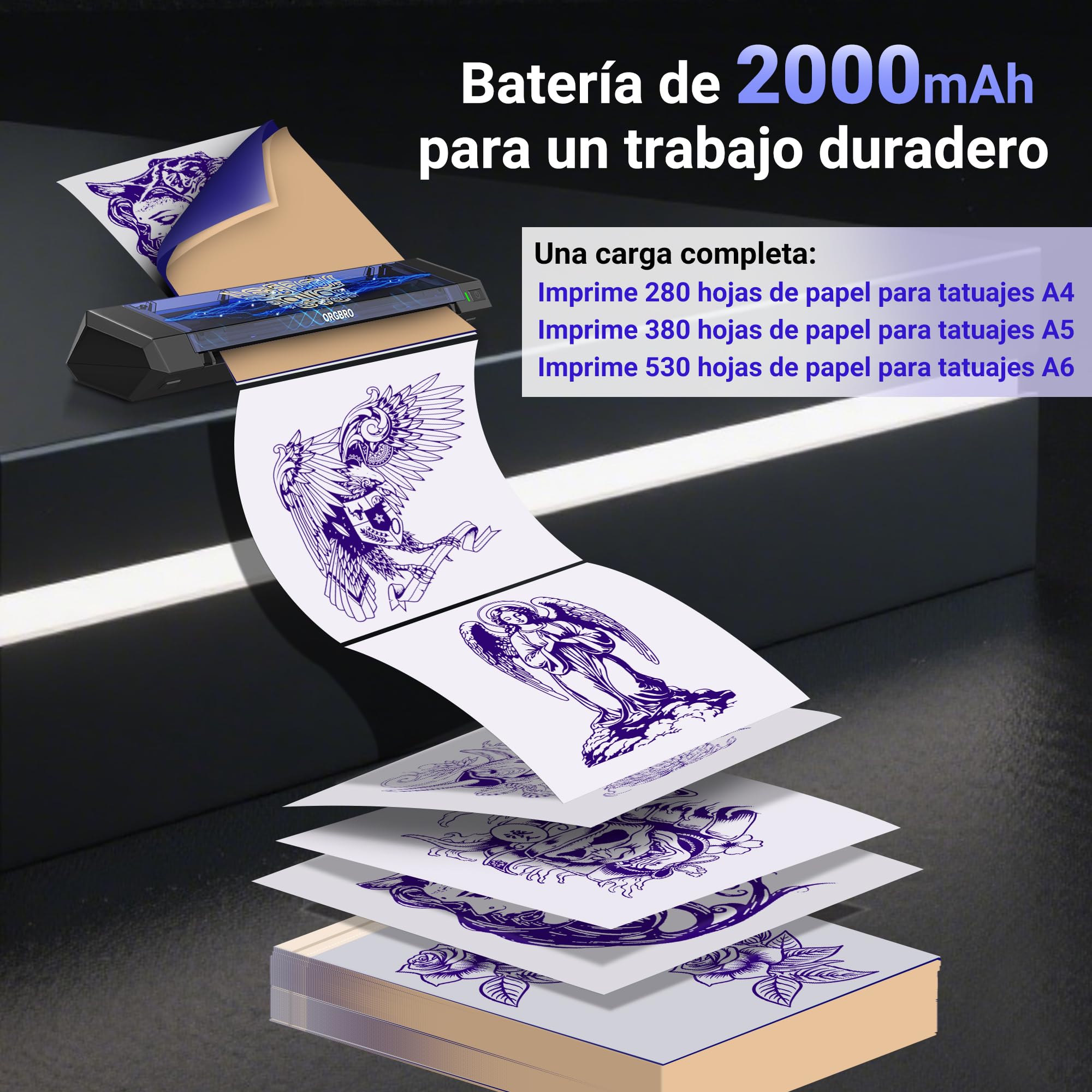 ORGBRO X8 Termocopiadora Tattoo, Impresora Térmica Tattoo Bluetooth con 30 Hojas de Papel de Transferencia, Maquina de Tatuar para Principiantes y Artistas del Tatuaje, Compatible con TeléFonos/Pc