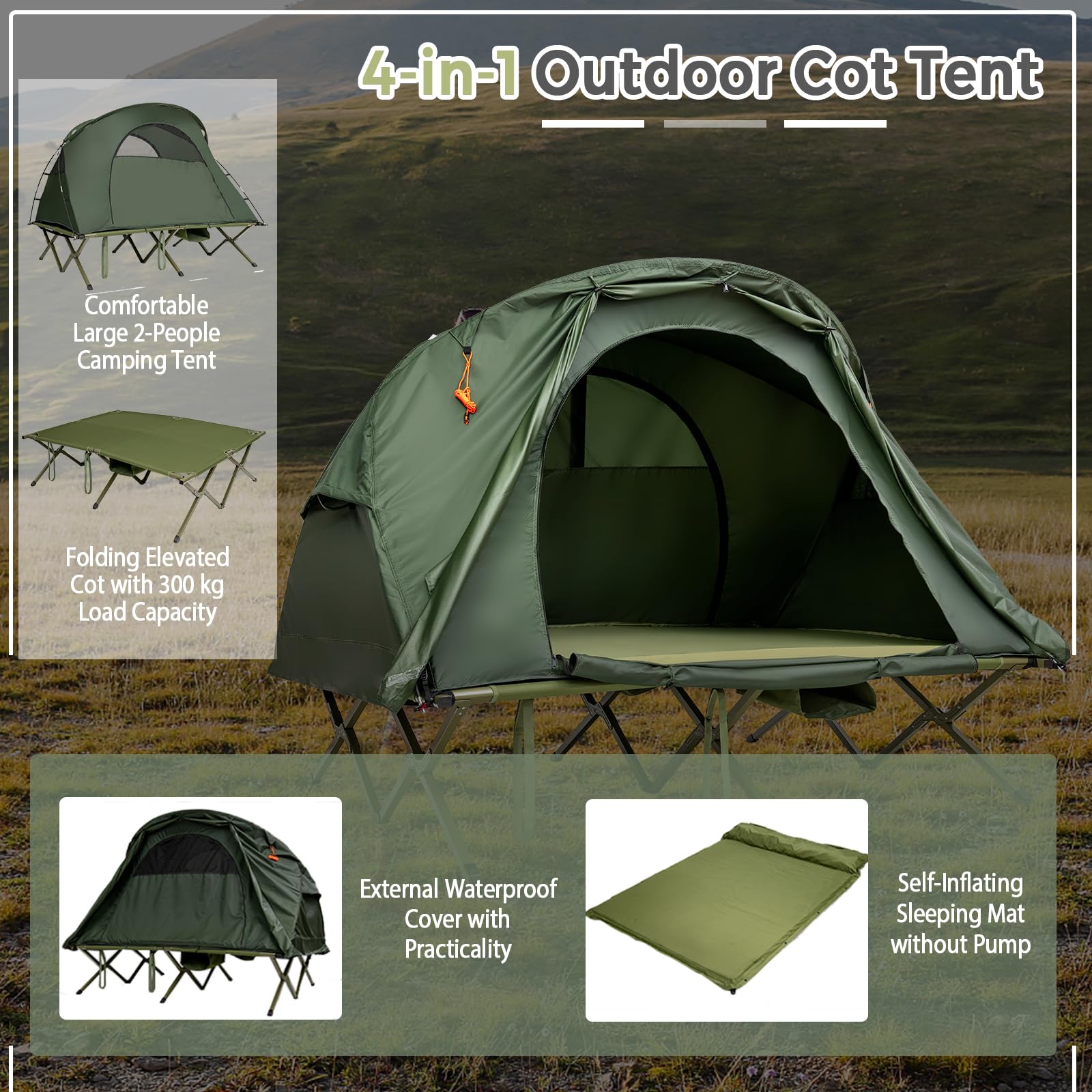 HOMASIS 4 in 1 Campingzelt für 2 Personen, erhöhtes Doppelzelt mit Feldbett, Kuppelzelt mit aufblasbarer Matratze, wasserdichtes Zelt mit Regendecke & Tragetasche, 194 x 146 x 160 cm