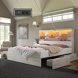 AMERLIFE Farmhouse King Size Bed Frame with 51.2" LED Storage Bookcase Headboard, Solid Wooden Platform Bed with 4 Drawers & Charging Station, Distressed White, No Box Spring Needed, Noise-Free