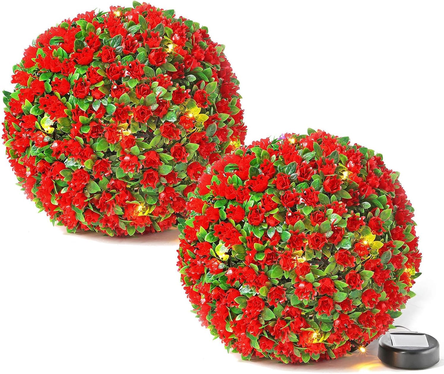 MantraRaj 2 X 28CM Solar Powered Topiary Ball 20 LED Flower Lights Dual Function Garden Sphere Great For Outdoor Decorations For Wedding Artificial Plant Backyard Balcony Garden Decor (2, Red)