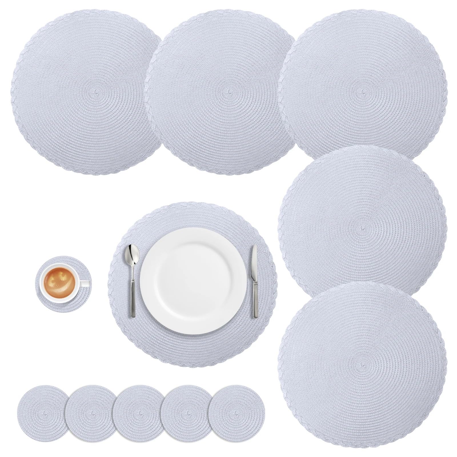 Placemats And Coaster Sets Set of 6 Round Placemats and Coasters Braided Woven Place Mats Washable Heat Resistant Table and for Dining(Silver Gray)