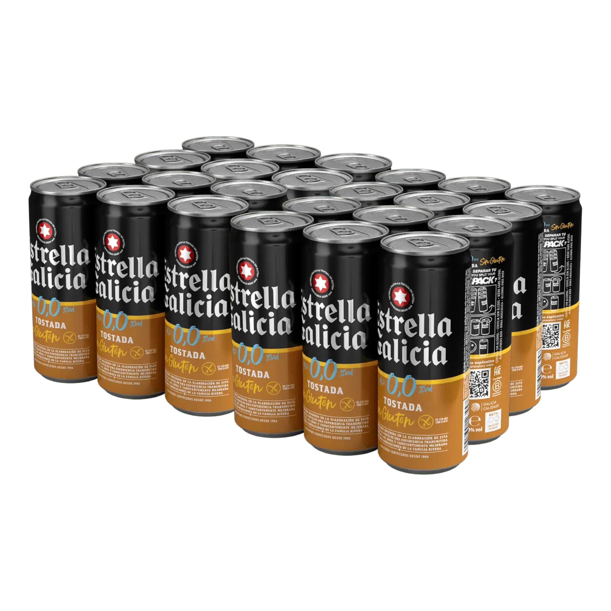 Estrella Galicia 0,0 Tostada Sin Gluten Cerveza Lager Sin Alcohol Pack 24 Latas 33 cl 0% Volumen