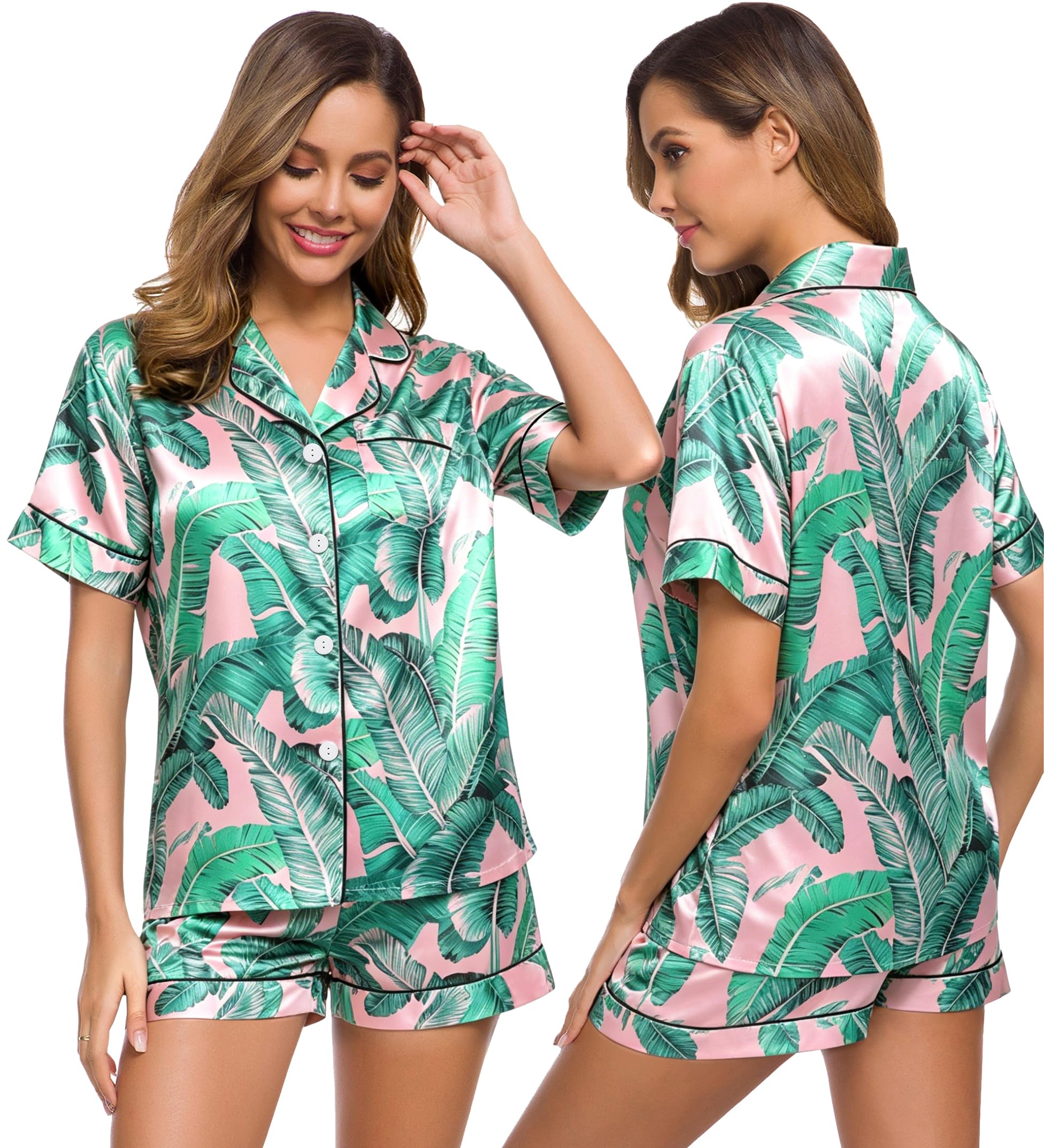 SWOMOG Pyjama Set for Women Silk Sleepwear Set Button Down Loungewear Short Sleeve Blouse With Short Pj Set