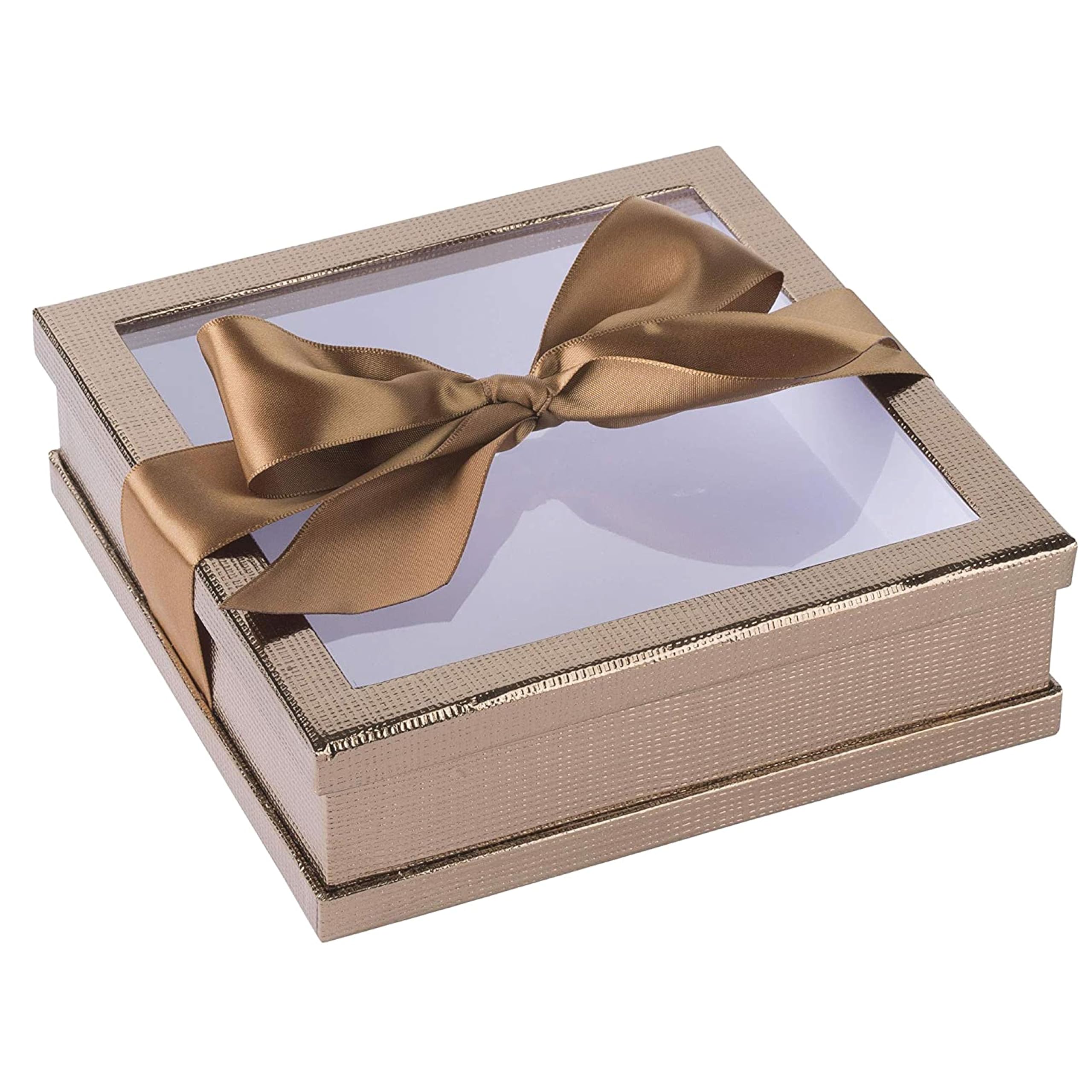 Hammont Scatole Regalo Trasparenti Con Finestra (Confezione Da 3) Scatole Multiuso Per Panetteria Con Nastro, Scatole Perfette Per Bomboniere, Biscotti E Cupcake (Oro, 17,8 X 17,8 X 5,1 Cm)-image