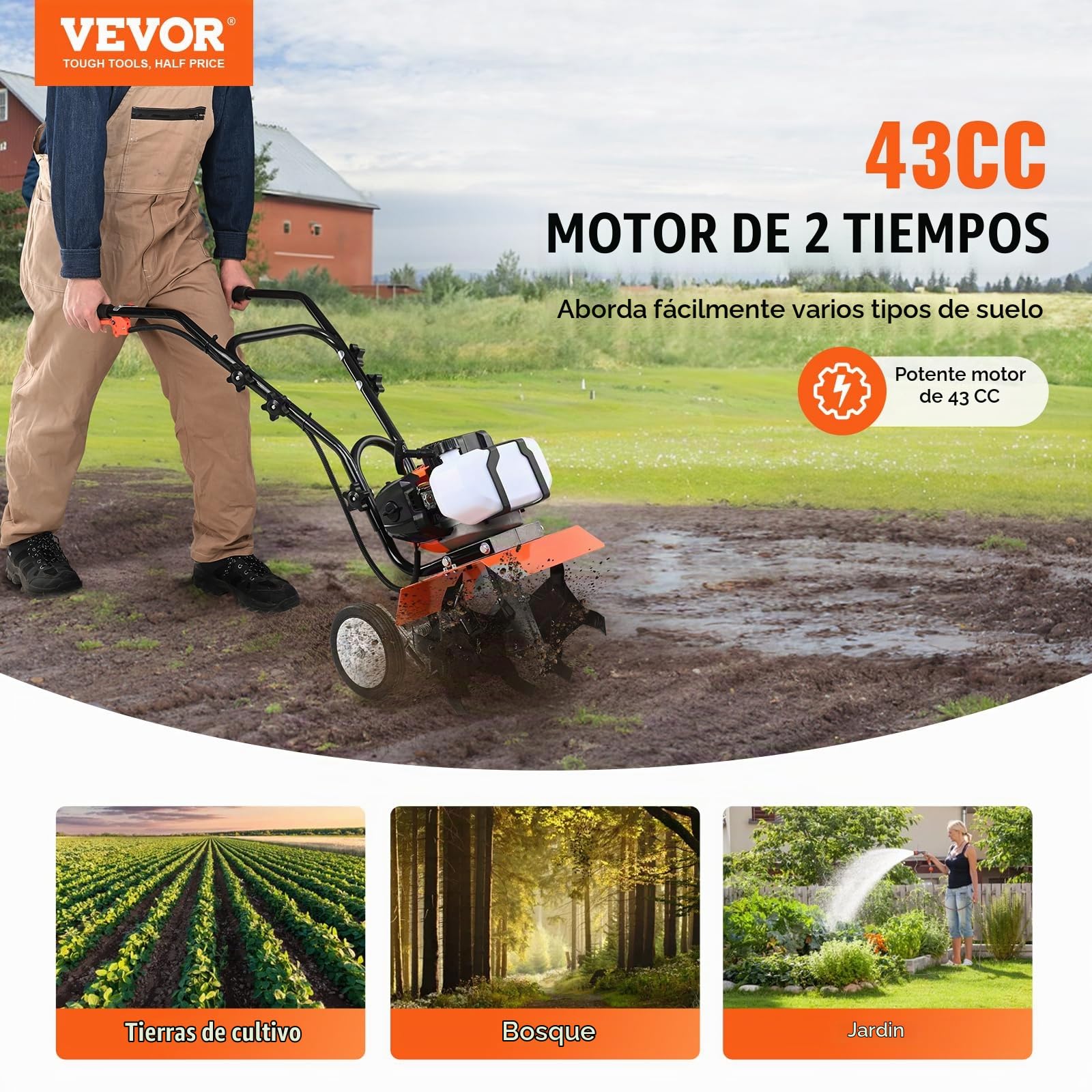 VEVOR Motocultor Térmico con Motor de Gasolina de 43 CC de 2 Tiempos con 4 Púas Delanteras Ajustables de Acero Ruedas Grandes Fácil Instalación Cultivador de Tierra para Huerta, Jardinera, Campos