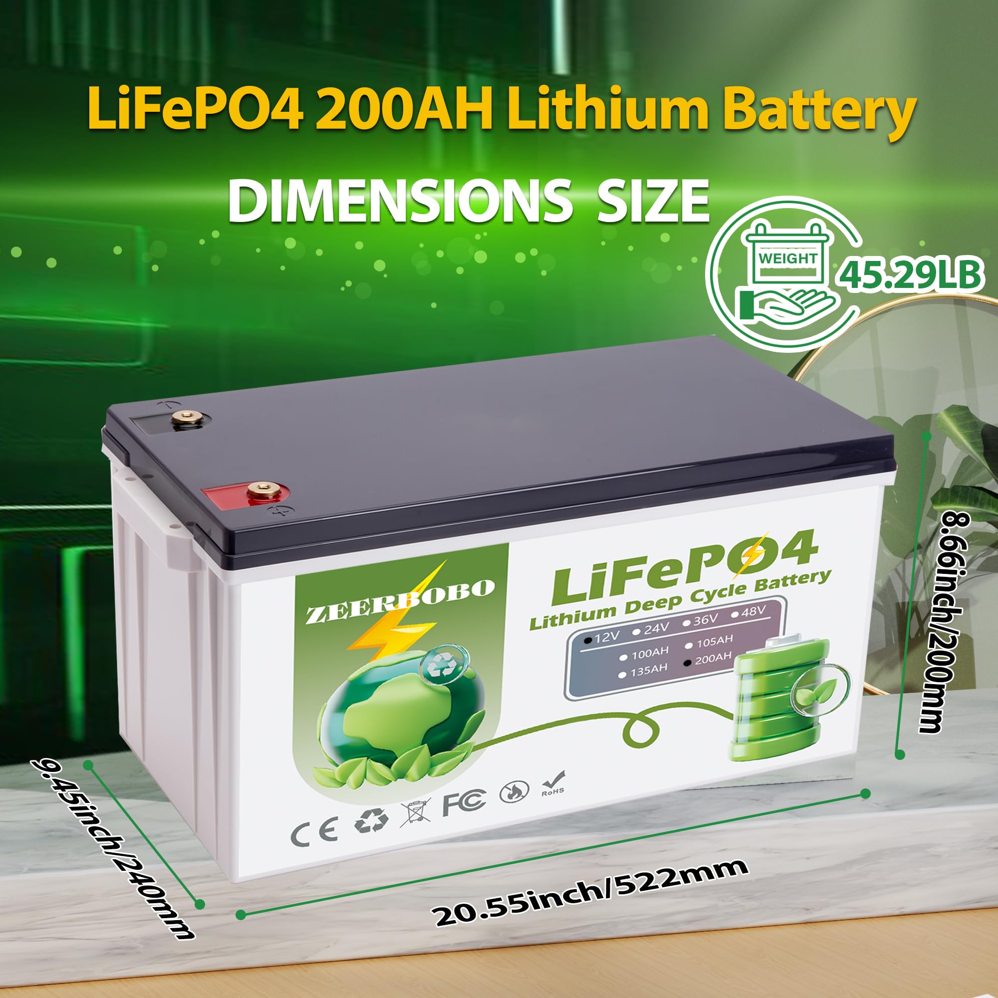 12V 200Ah Plus Bluetooth LiFePO4 Lithium Battery, 2560Wh Energy Max. 2560W Load Power Built-in 200A JBD BMS,10 Years Lifetime 8000+ Cycles, Perfect for RV Solar Energy Storage Marine Trolling Motor