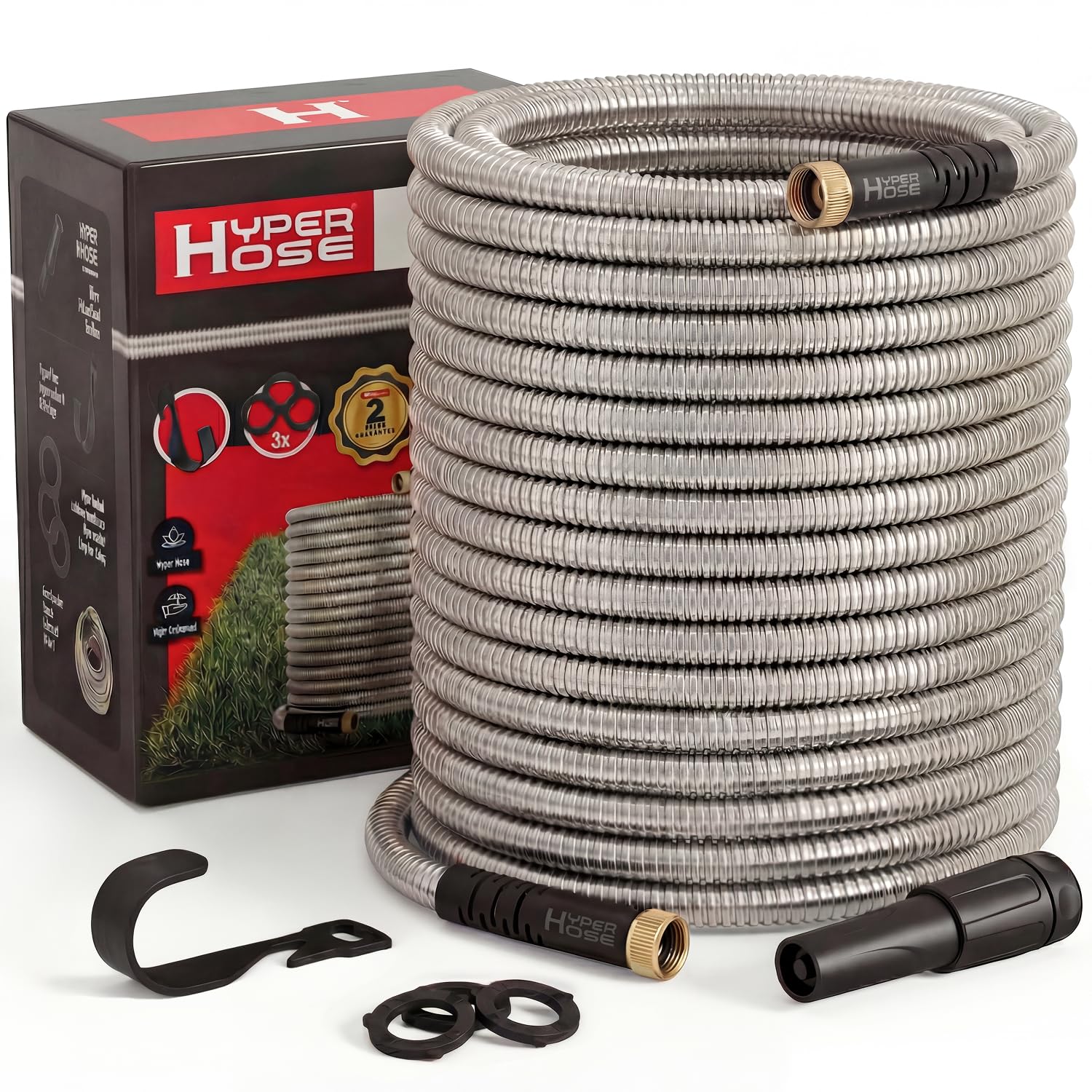Best 100 ft Metal Garden Hose - No-Kink Durable 316 Stainless Steel, Spray Nozzle & Hook – Tough Flexible Heavy Duty Water Hoses, Naval Brass, Rust, Weather, LeakProof
