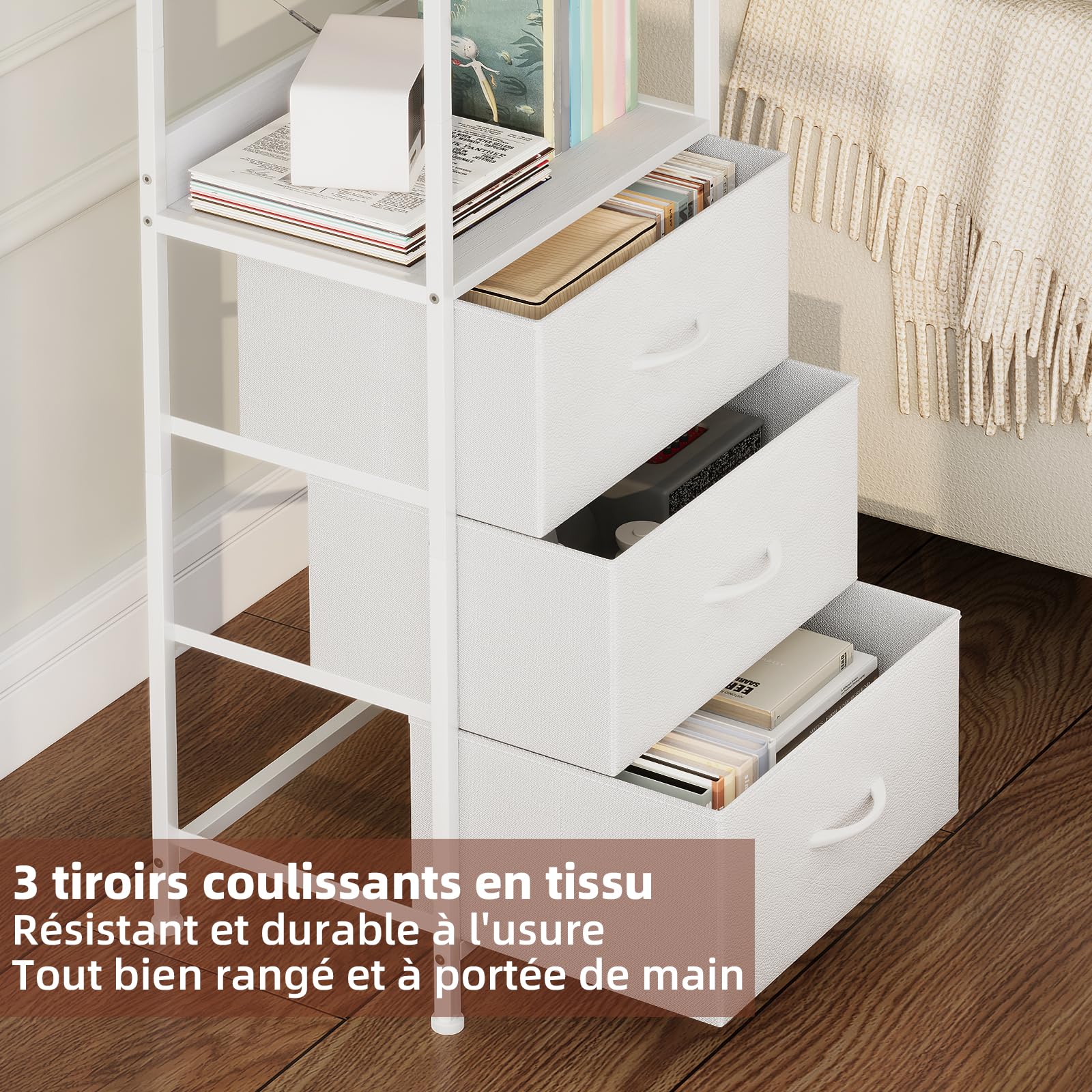 Somdot Commode Chambre, Commode Haute avec 3 Tiroirs en Tissu et Cadre en Acier, Meuble de Rangement pour Salon, Chambre, Bureau, Couloir Entrée, 30P x 42l x 115H, Blanc