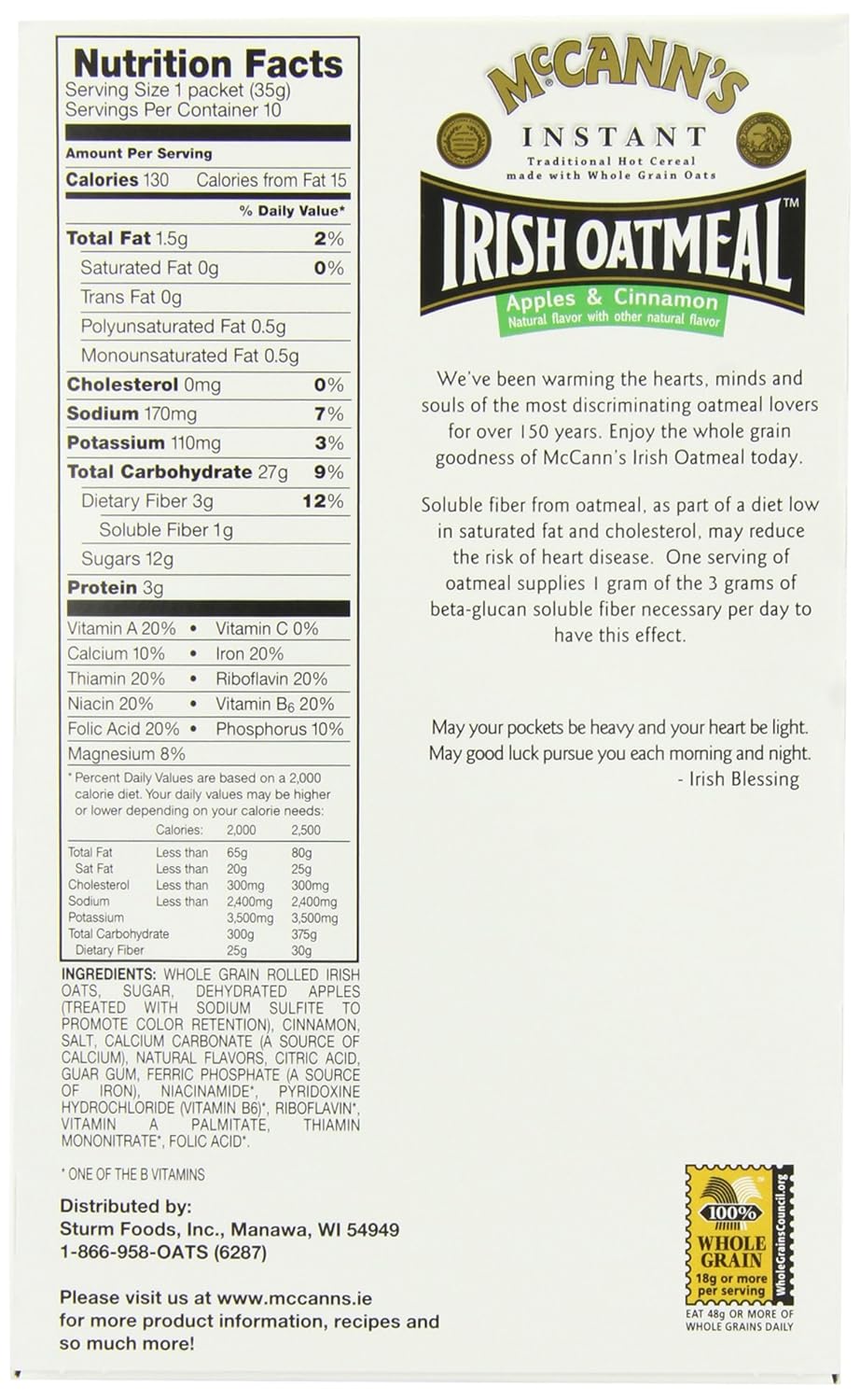 McCANN'S Instant Irish Oatmeal, Apple & Cinnamon, 12.3-Ounce Boxes (Pack of 6)