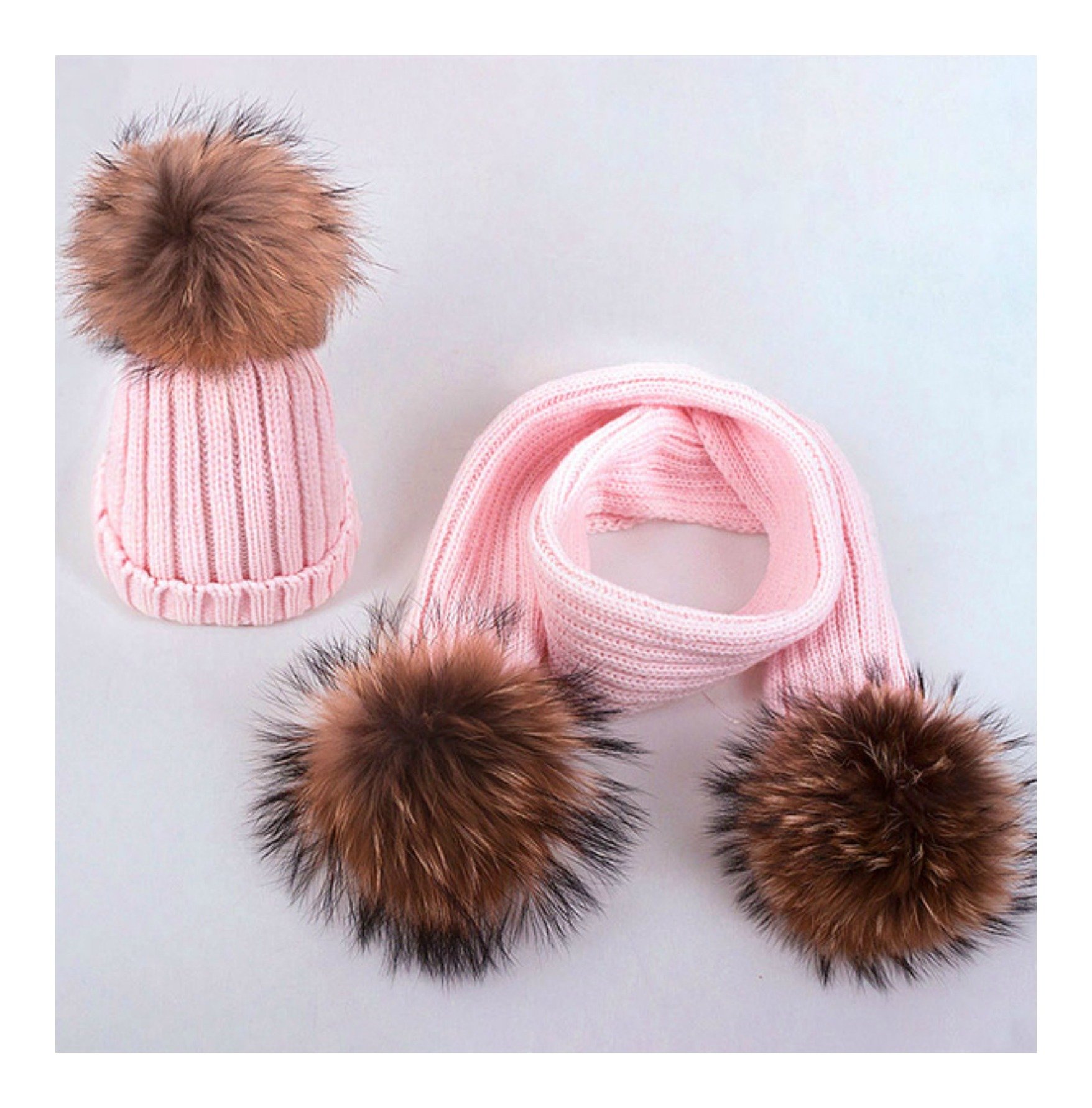 Set Cappello e Sciarpa Rosa 3 PON PON Pelliccia 1-4/5 Anni Bambina Cappellino Cuffia Misto Lana Baby