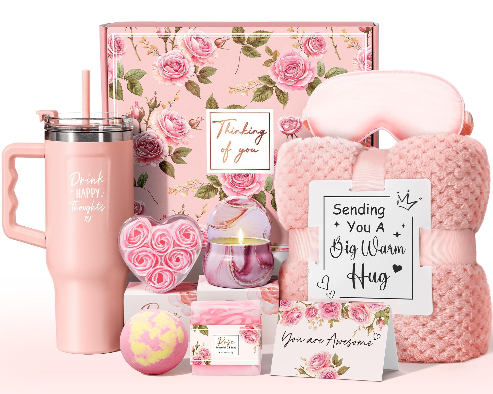 Birthday Gifts for Women Self Care Get Well Soon Gifts, Rose Relaxing Spa Gift Box Care Package Basket w/ Luxury Flannel Blanket 40 oz Tumbler, Valentines Day Gift for Her Wife Girlfriend Mom Sister