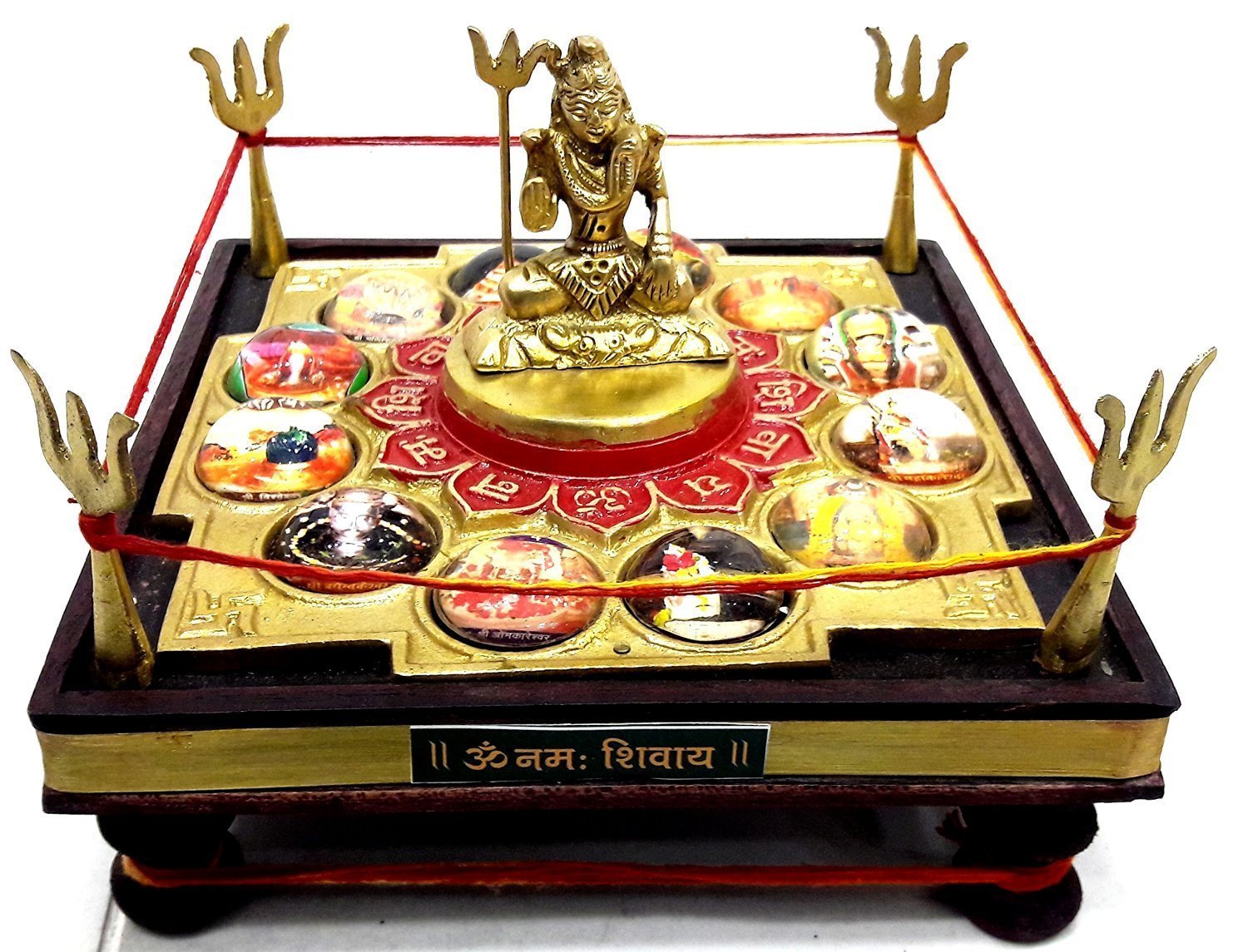 Idol Collections Brass And Wood Dwadash Jyotirling Yantra Chowki, Multicolor, Standard