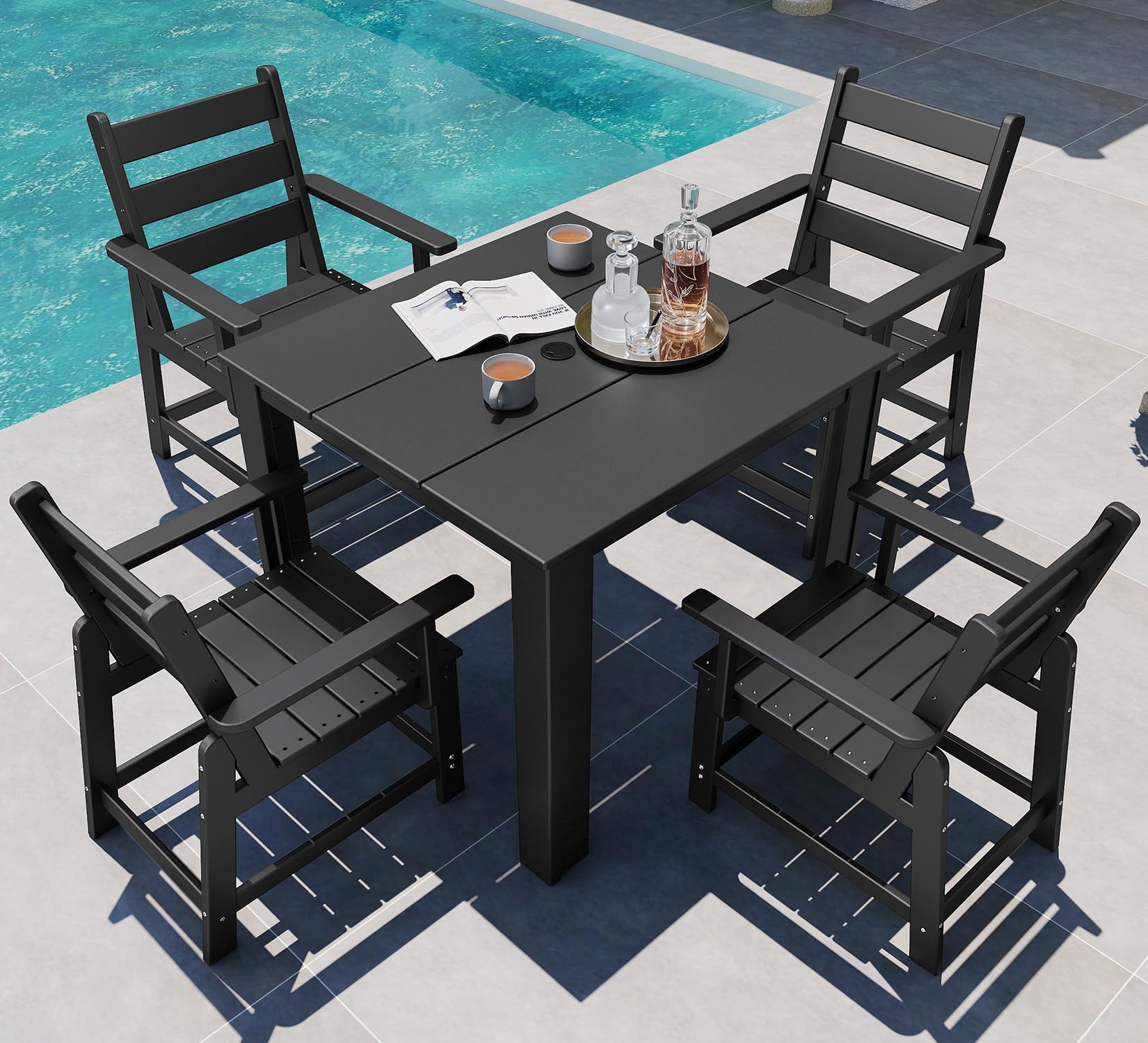 GREENVINES 5-piece Patio Dining Set, HDPE Square Table &amp; 4 Armchairs, Black